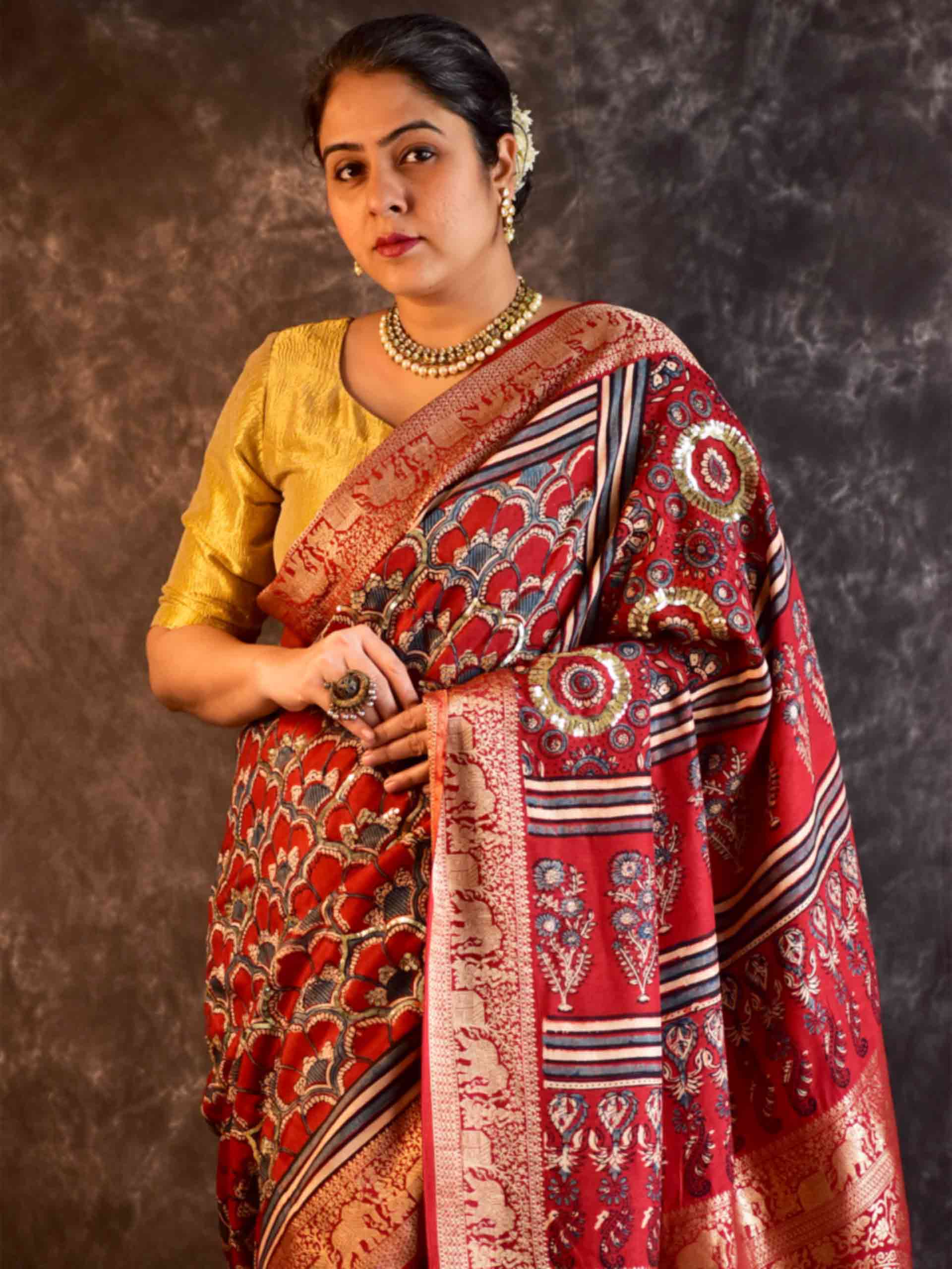 Mohini - Ajrakh Dola Silk hand embroidered Saree
