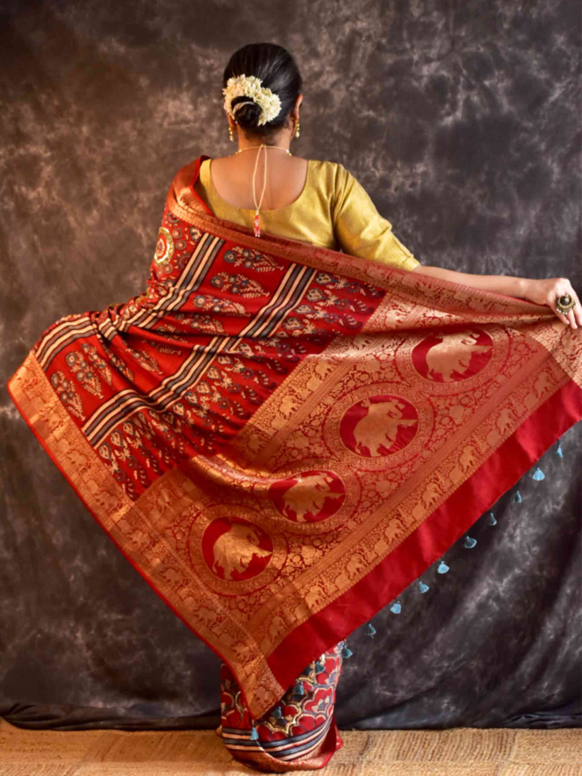 Mohini - Ajrakh Dola Silk hand embroidered Saree