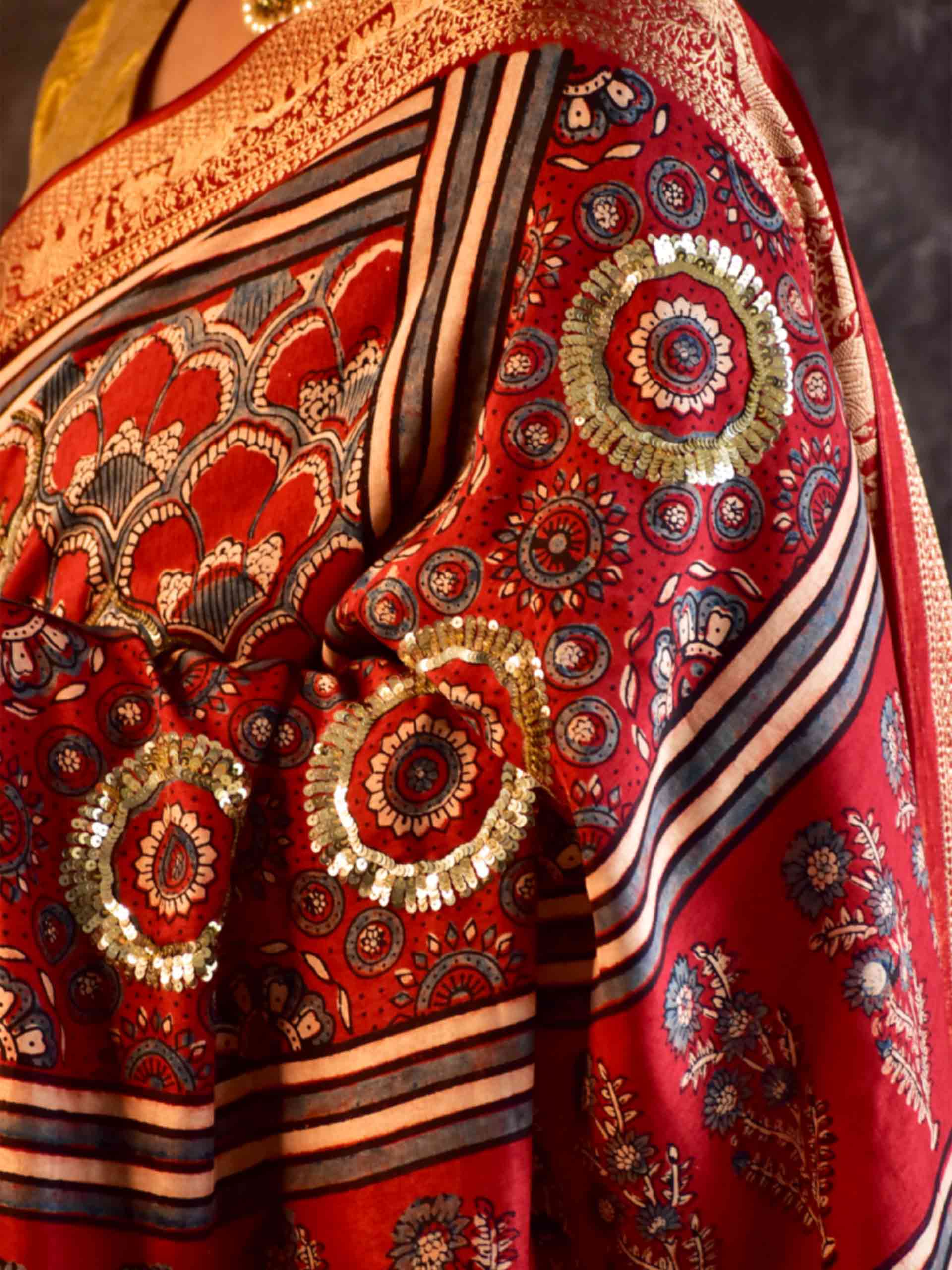 Mohini - Ajrakh Dola Silk hand embroidered Saree