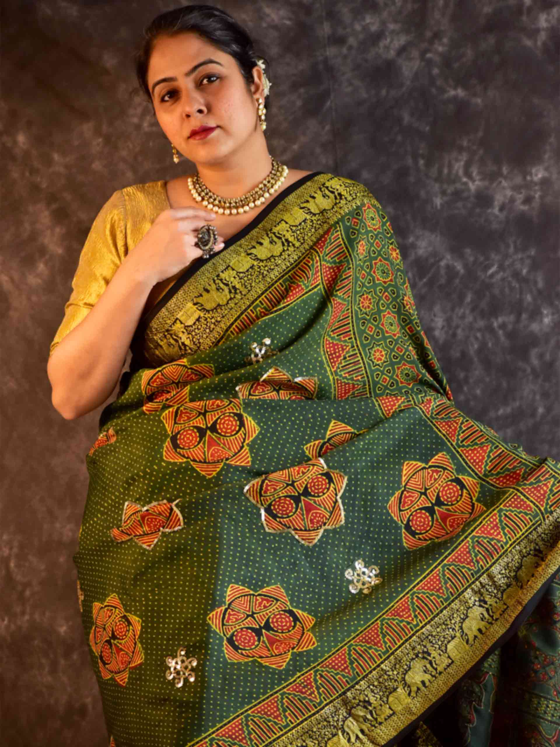 Vanya - Ajrakh Dola Silk hand embroidered Saree