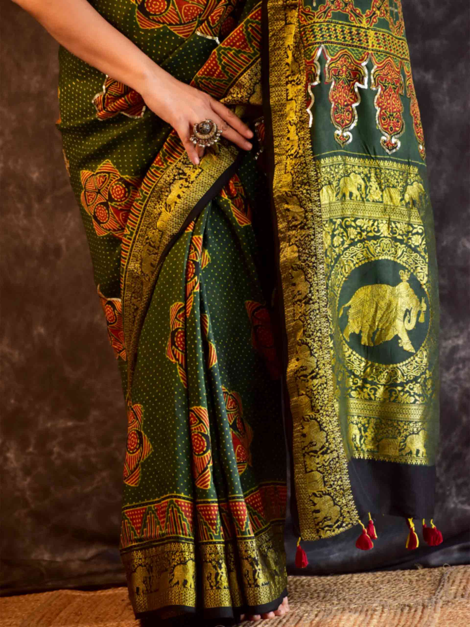 Vanya - Ajrakh Dola Silk hand embroidered Saree