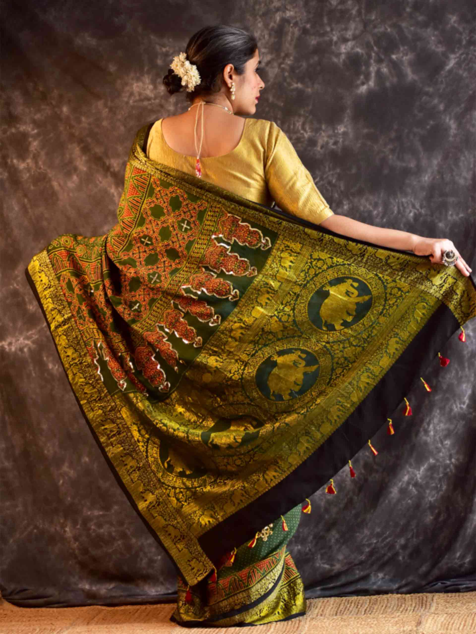 Vanya - Ajrakh Dola Silk hand embroidered Saree