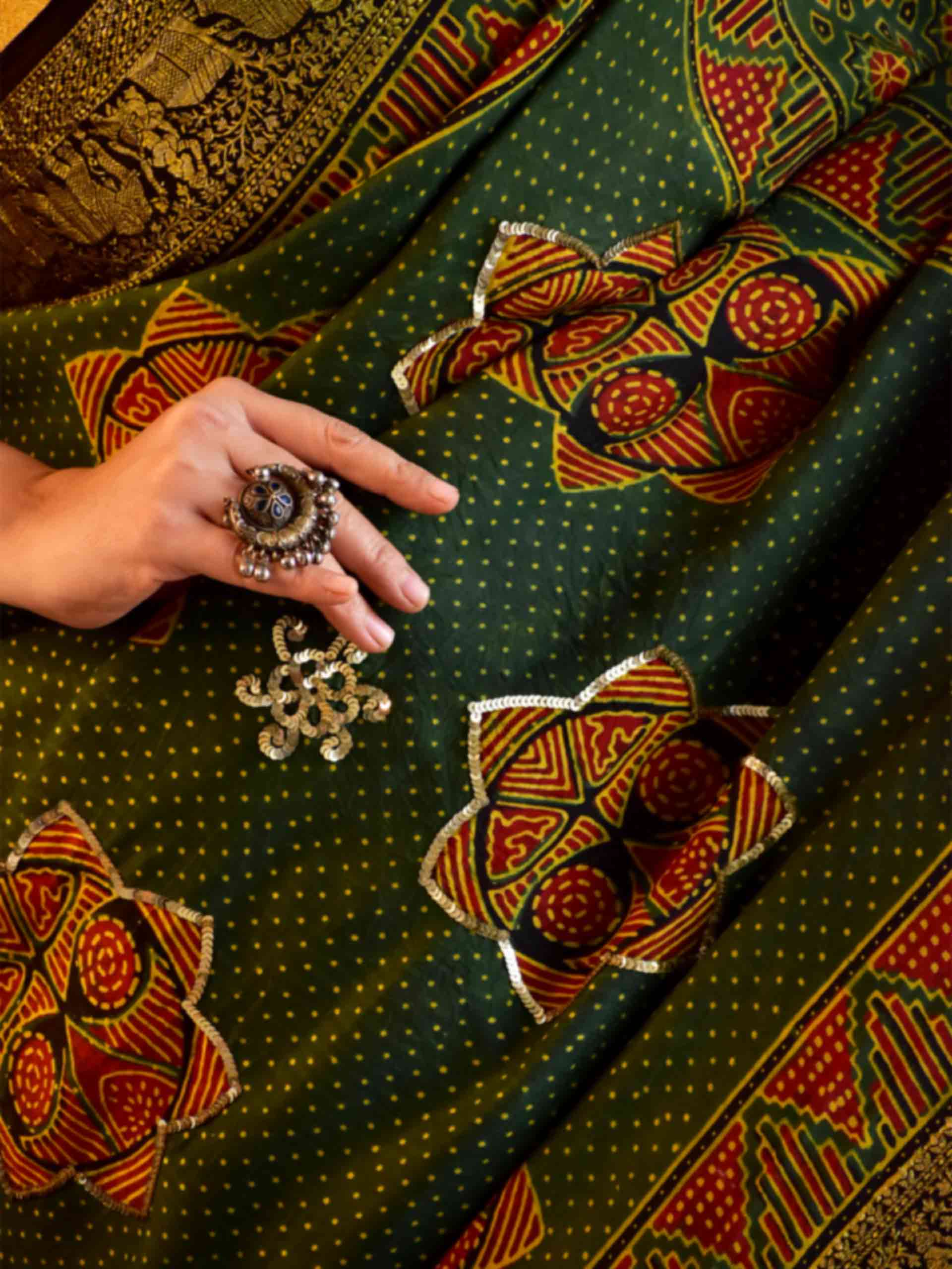 Vanya - Ajrakh Dola Silk hand embroidered Saree