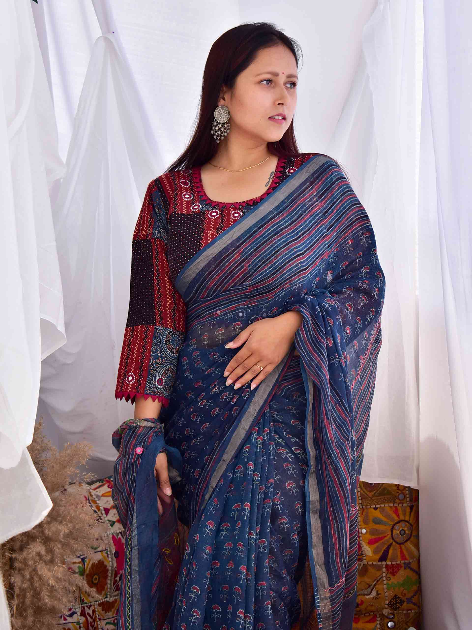 rustom - Ajrakh kota Doria embroidered saree
