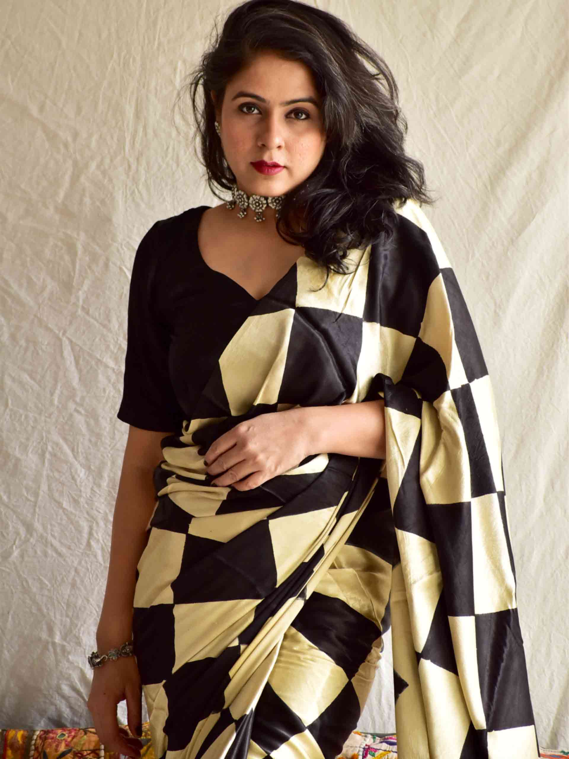 Checkers - Ajrakh mashru silk saree