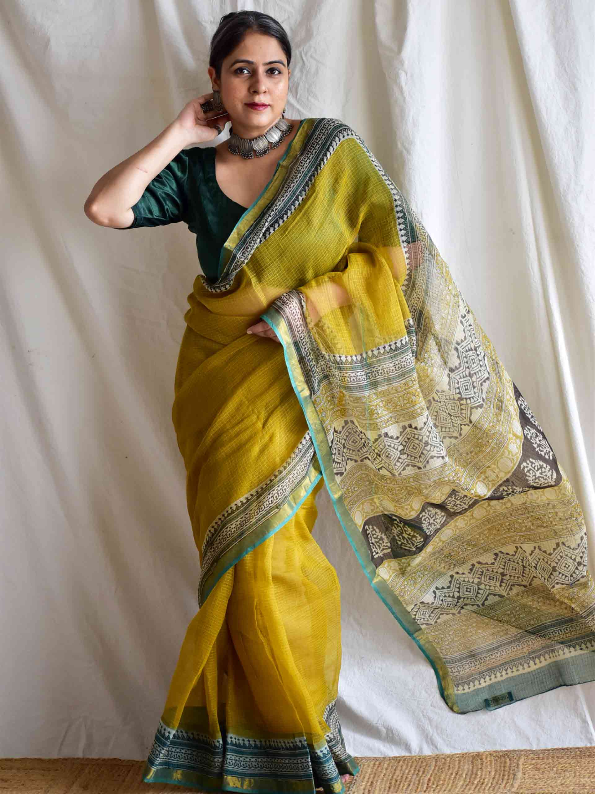 Kosh - Mustard Color Kota Doria Saree