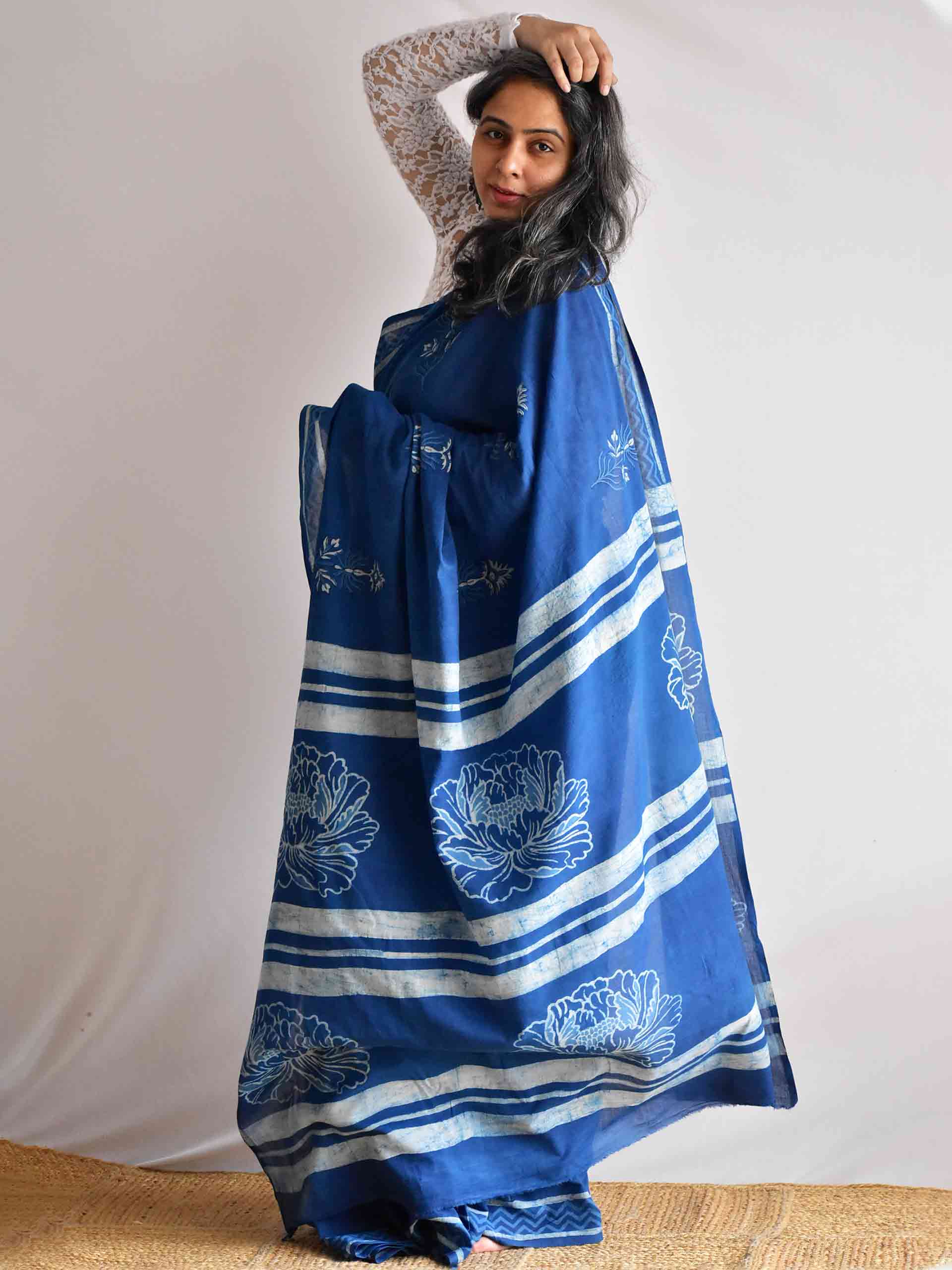 Ruhaniyat Indigo mul cotton saree