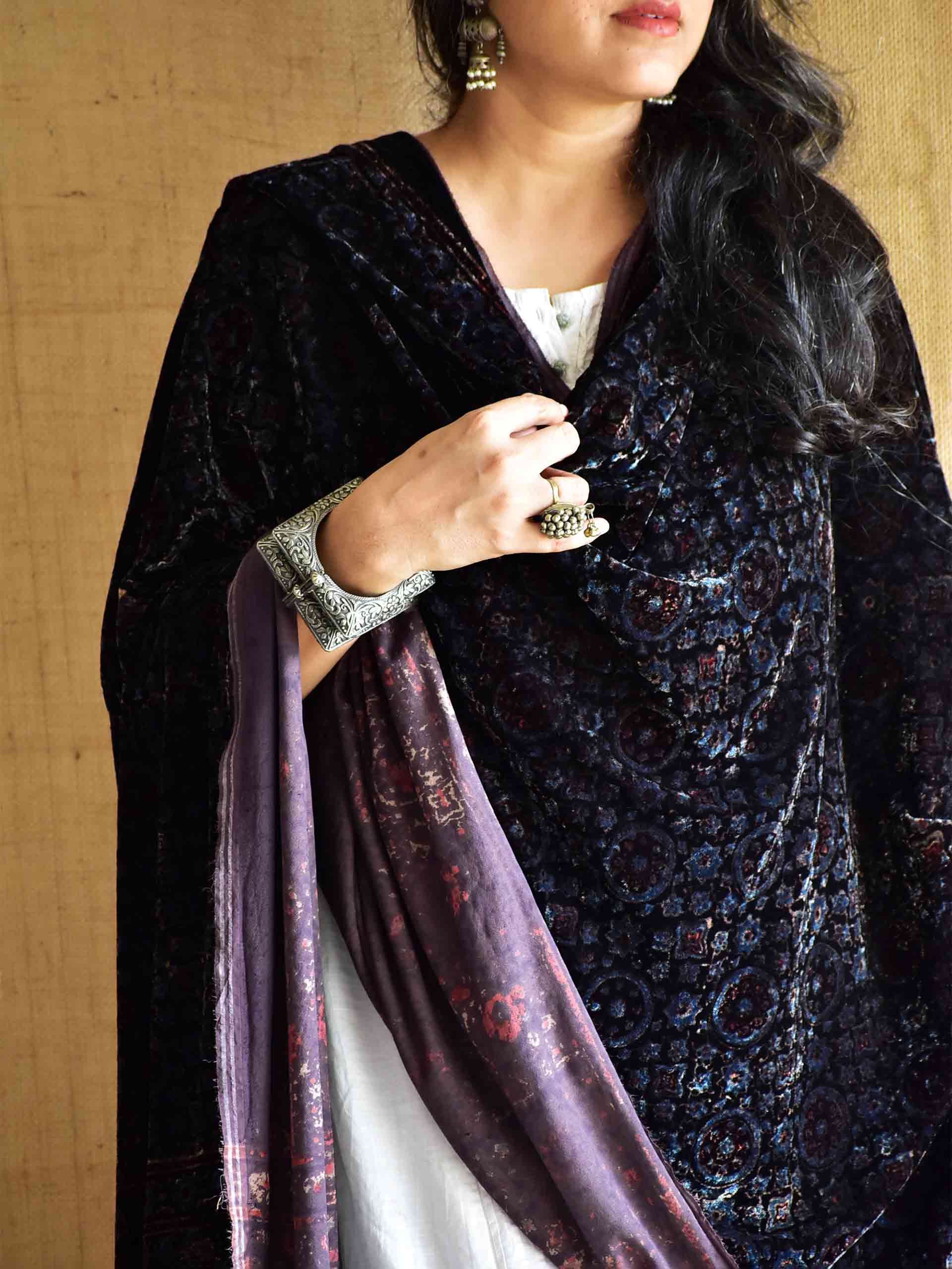Night fall - Ajrakh Silk Velvet Dupatta