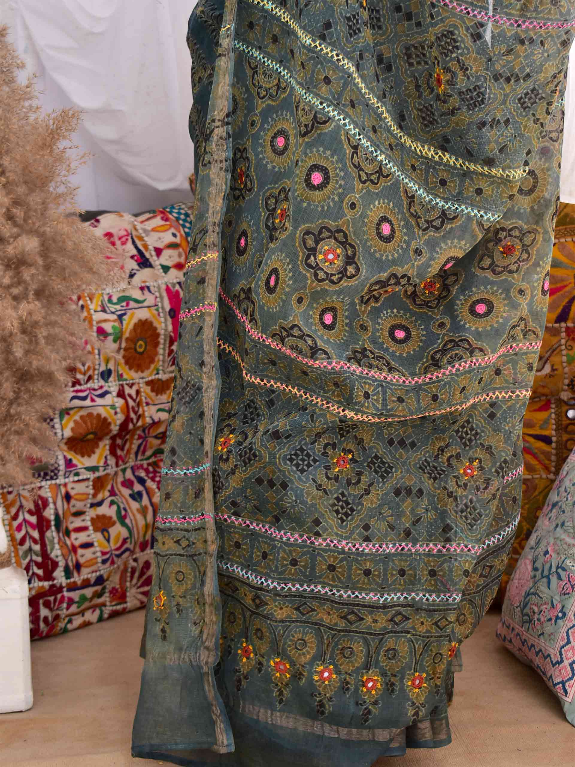 megh - Ajrakh kota Doria embroidered saree