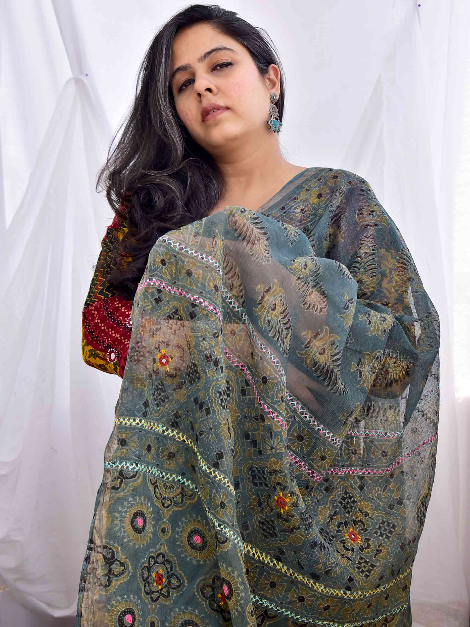 megh - Ajrakh kota Doria embroidered saree
