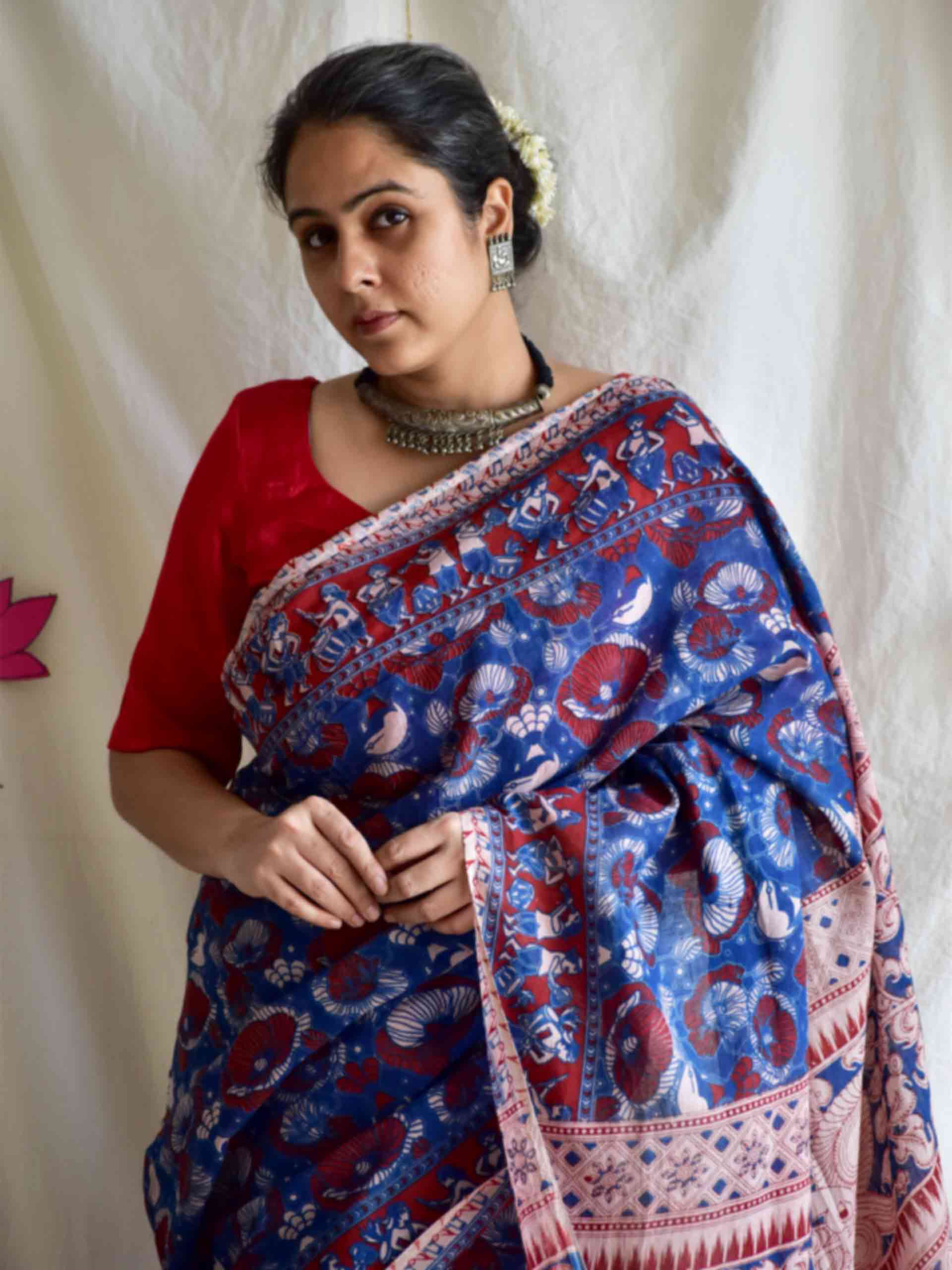 Midnight blues - kalamkari printed saree