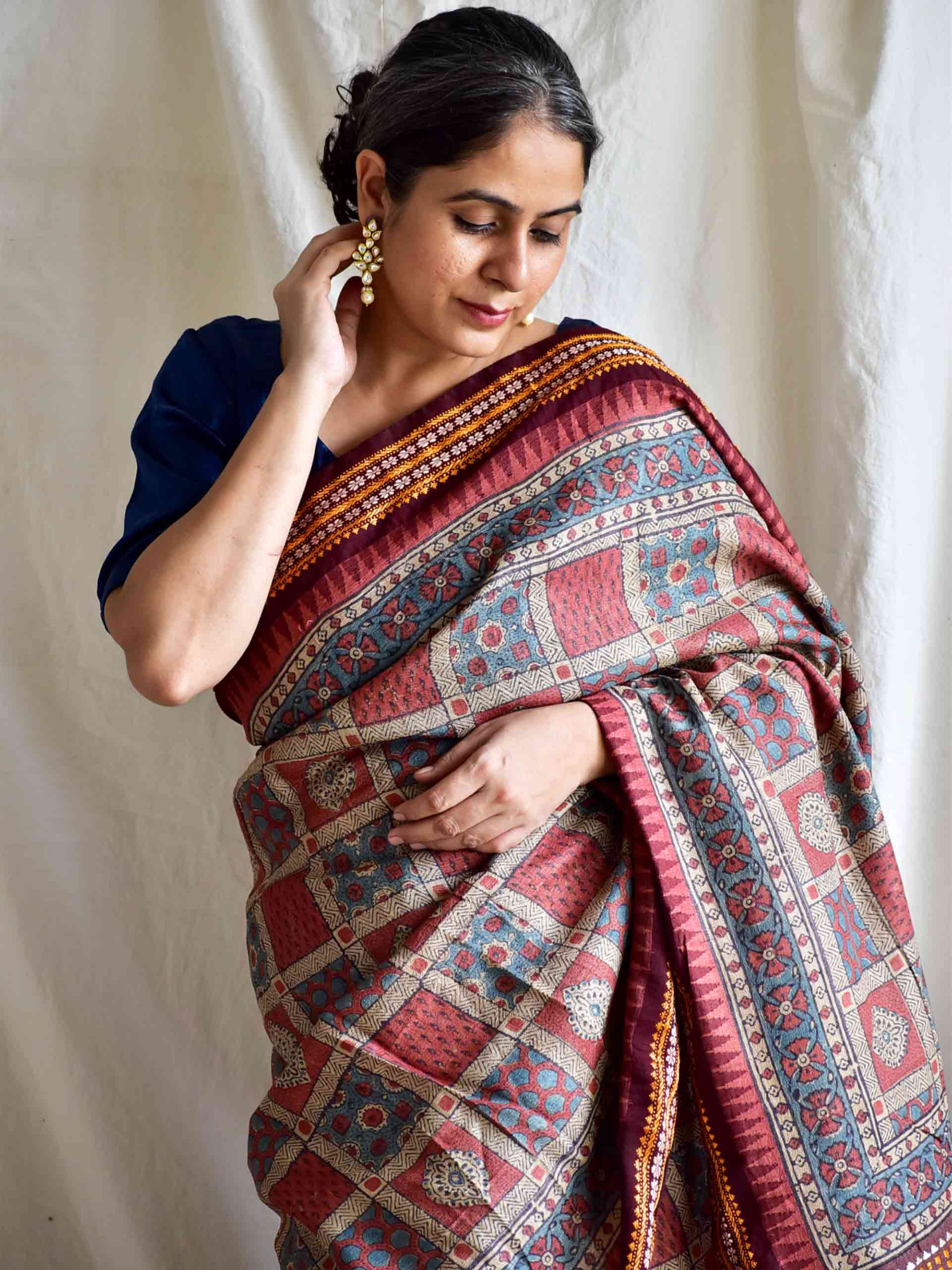 Gumaan - Ajrakh tussar silk embroidered saree