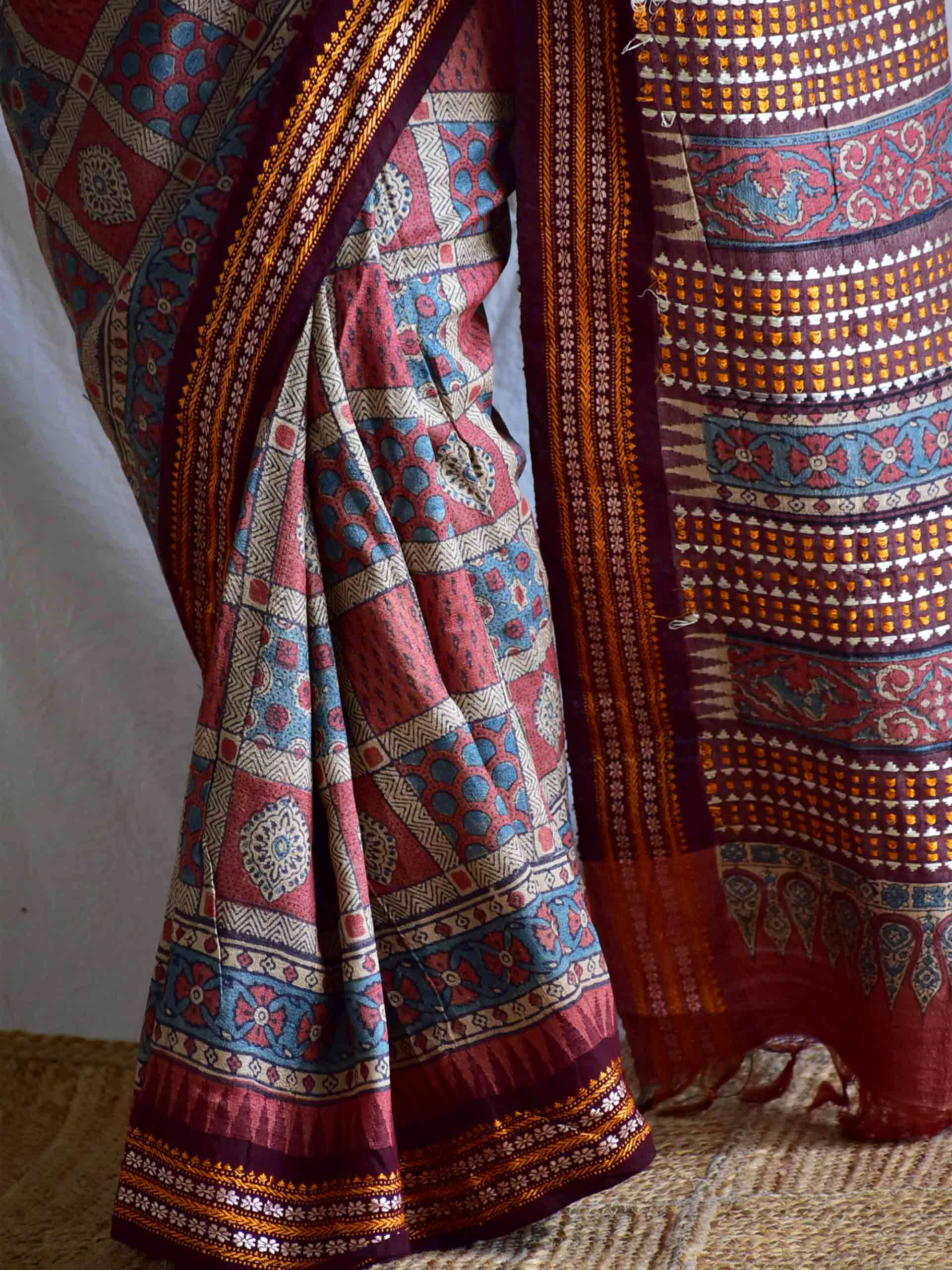 Gumaan - Ajrakh tussar silk embroidered saree