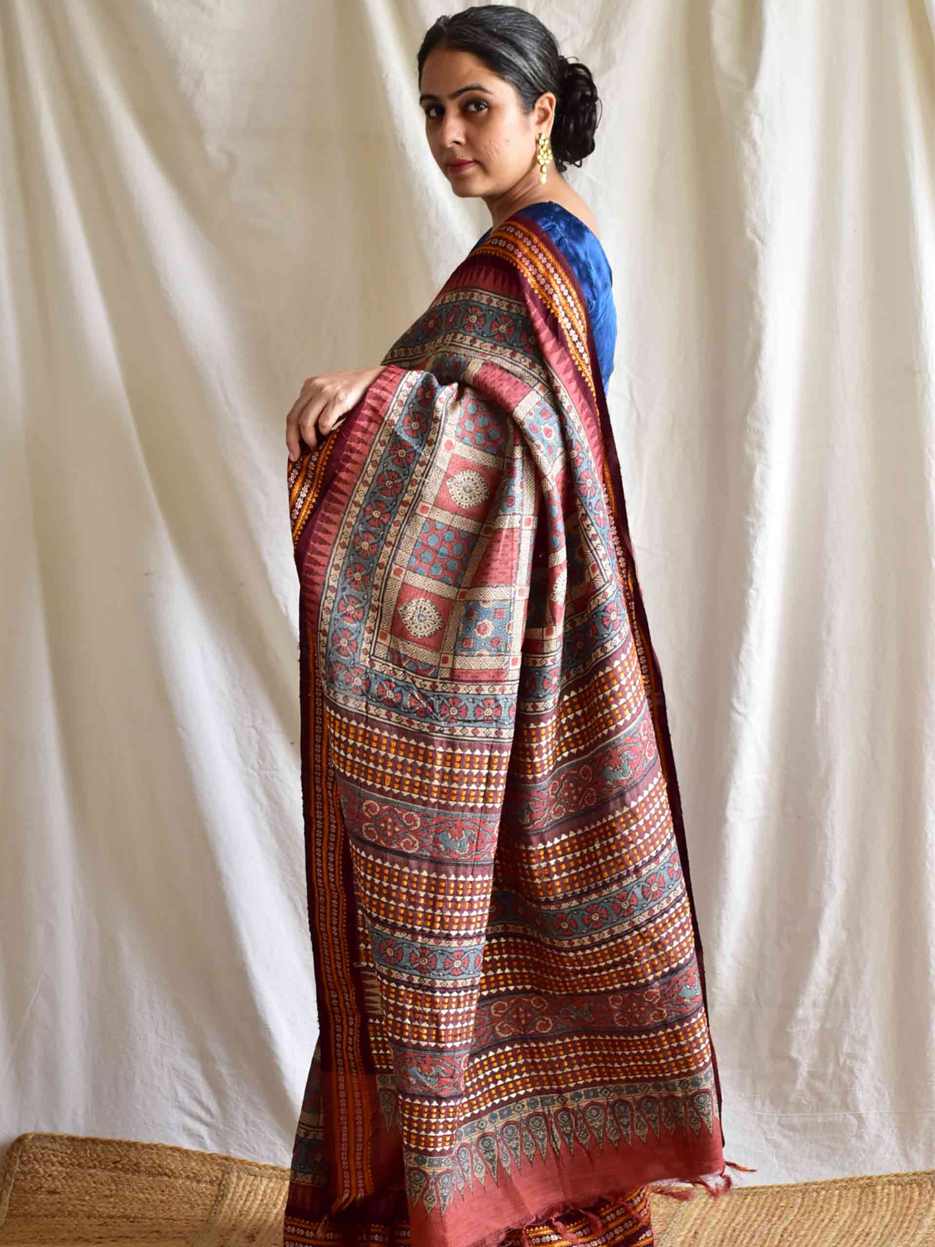 Gumaan - Ajrakh tussar silk embroidered saree