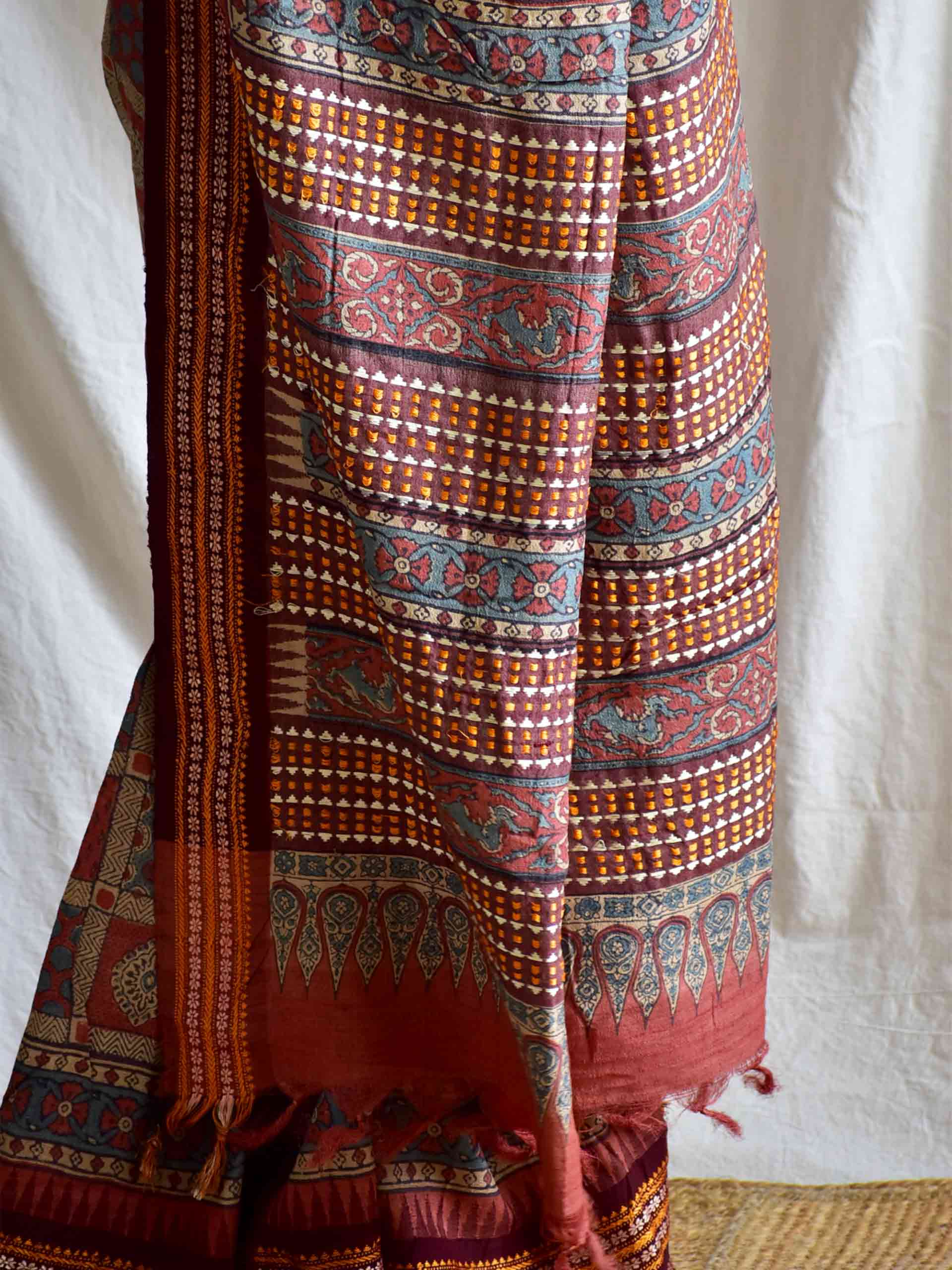 Gumaan - Ajrakh tussar silk embroidered saree
