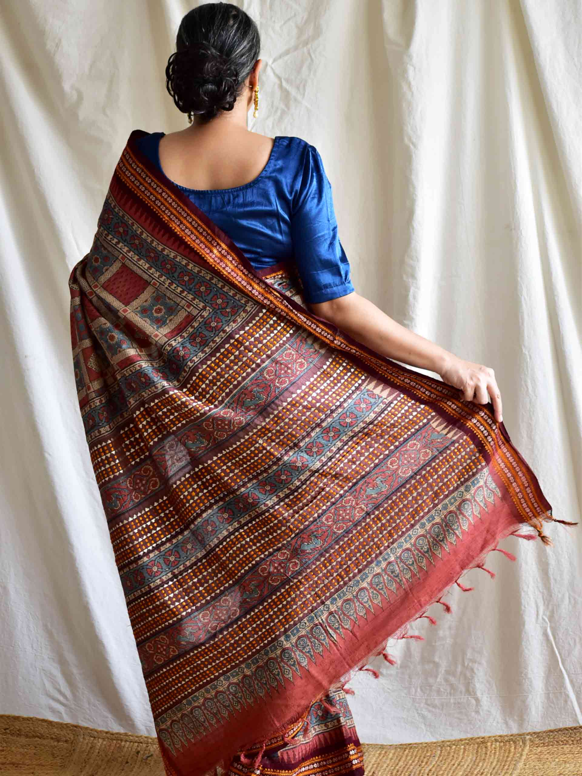 Gumaan - Ajrakh tussar silk embroidered saree