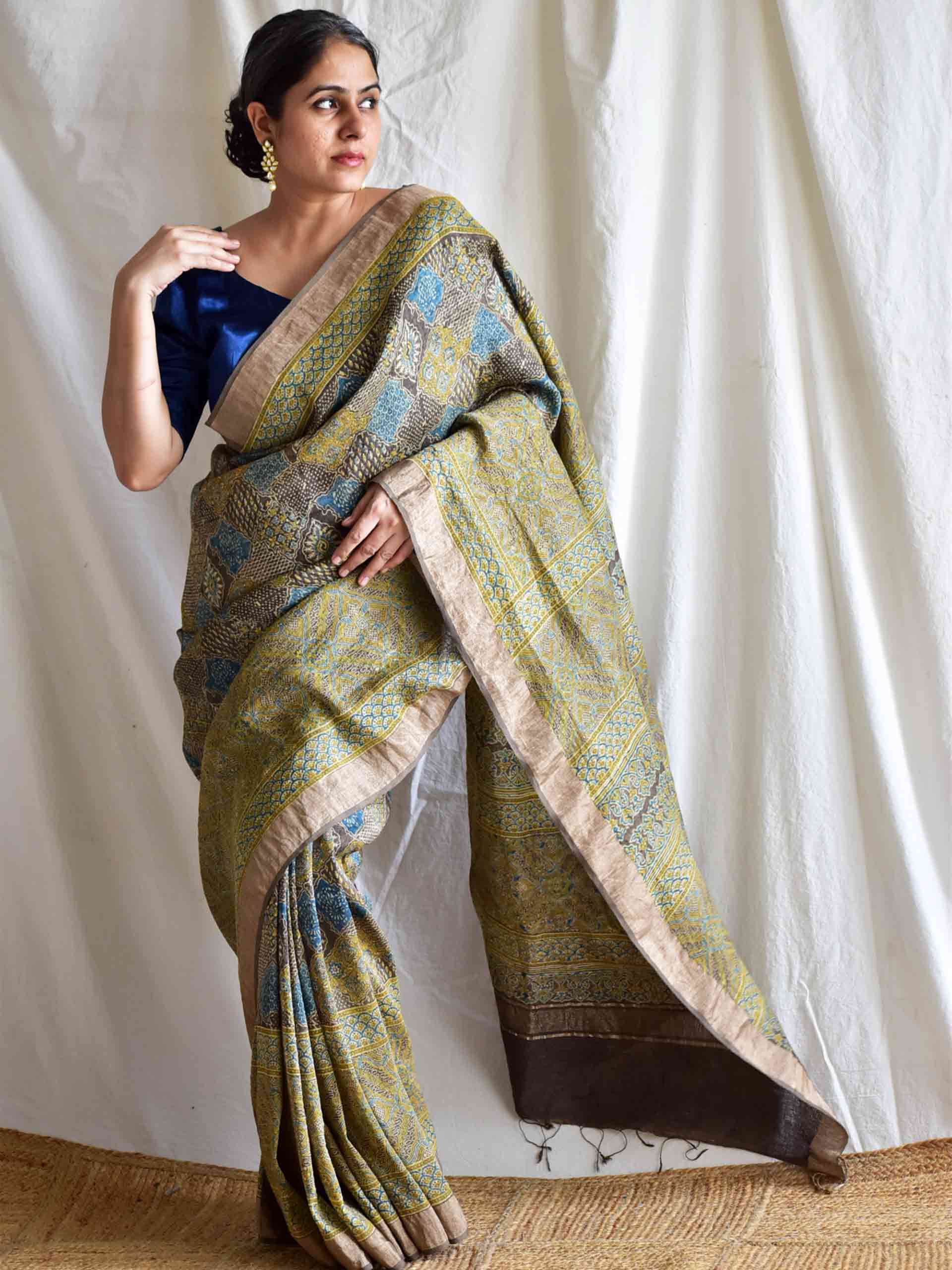 Mehreen - Ajrakh handloom Linen silk saree
