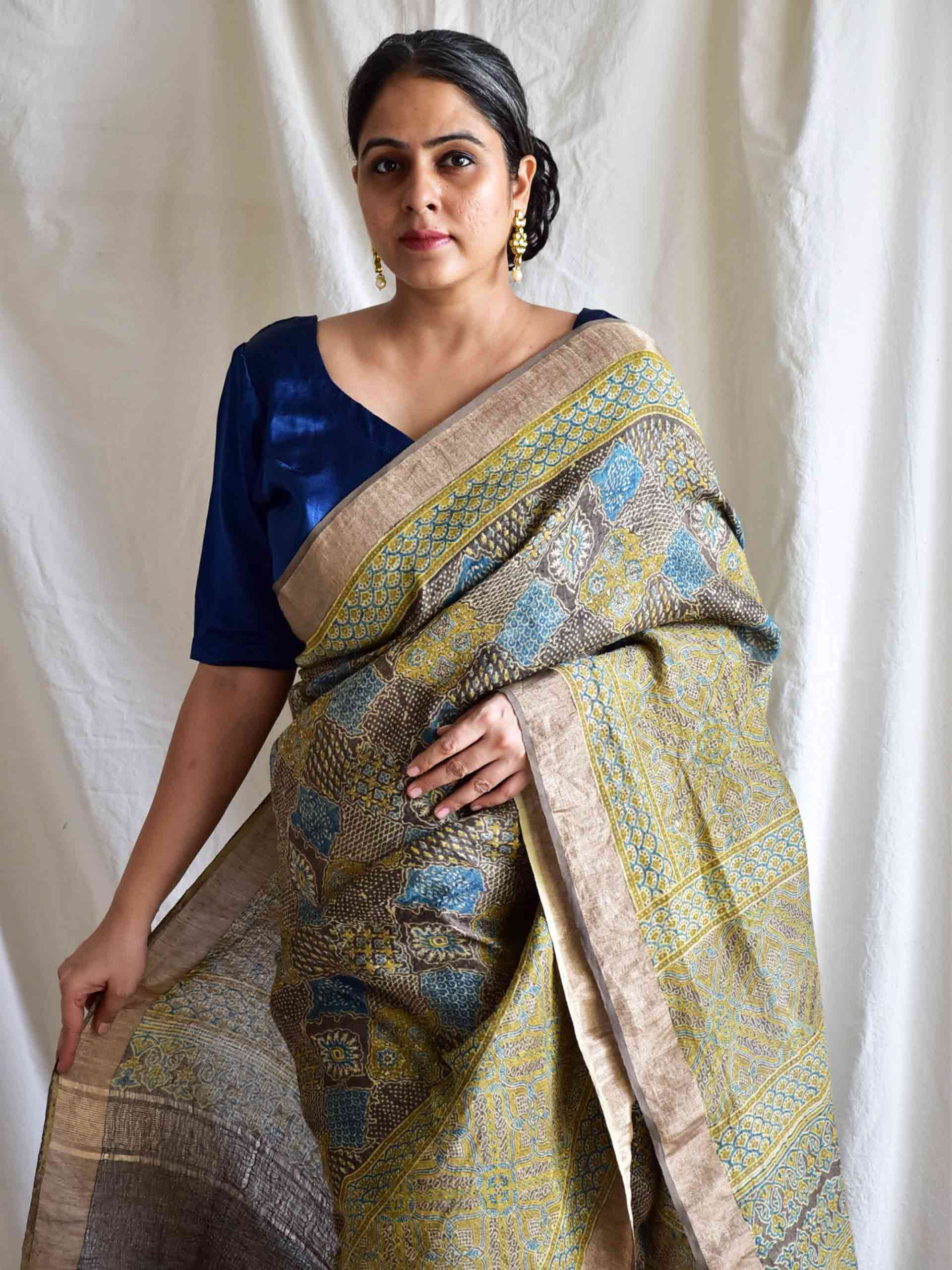 Mehreen - Ajrakh handloom Linen silk saree