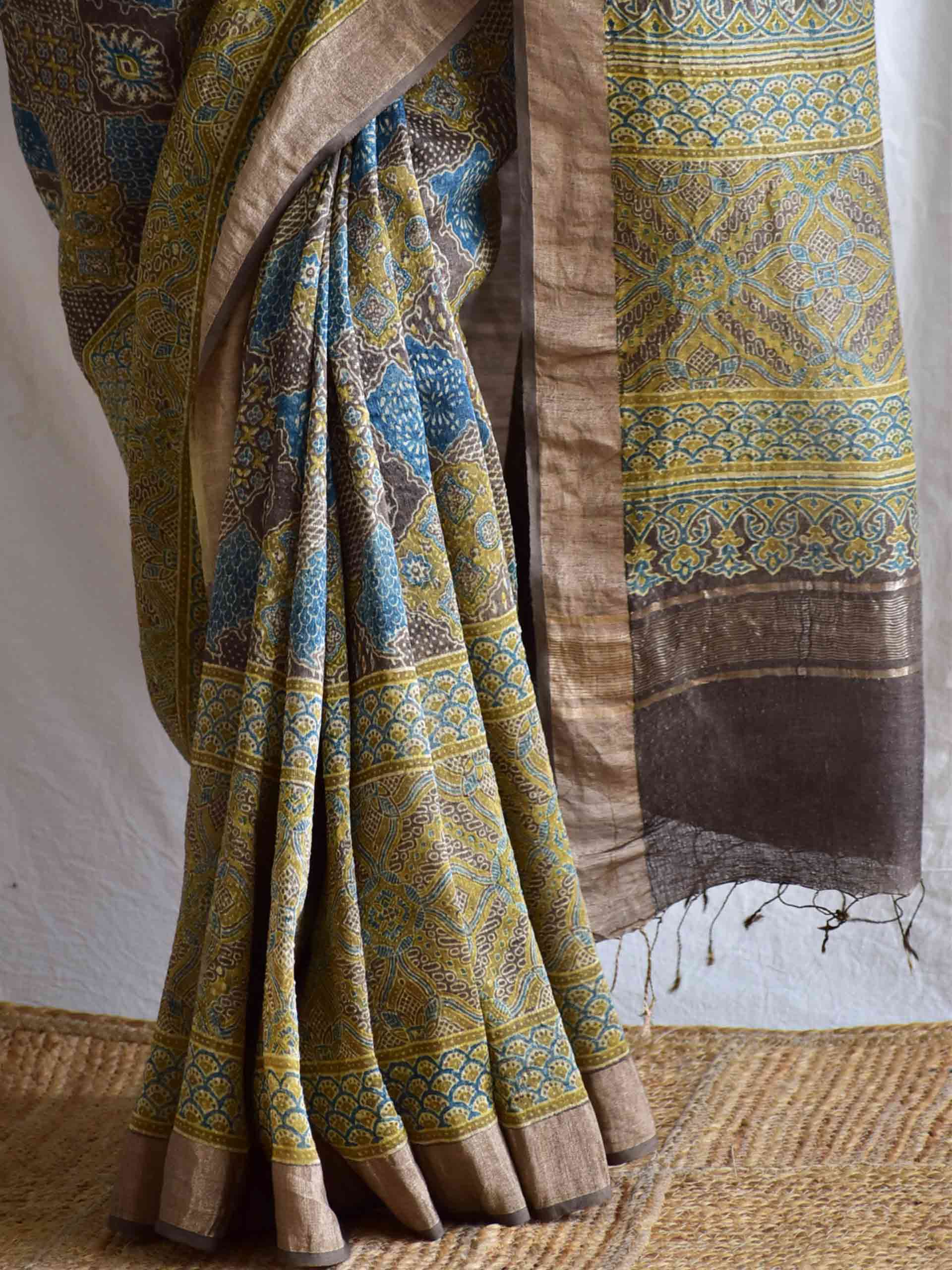 Mehreen - Ajrakh handloom Linen silk saree