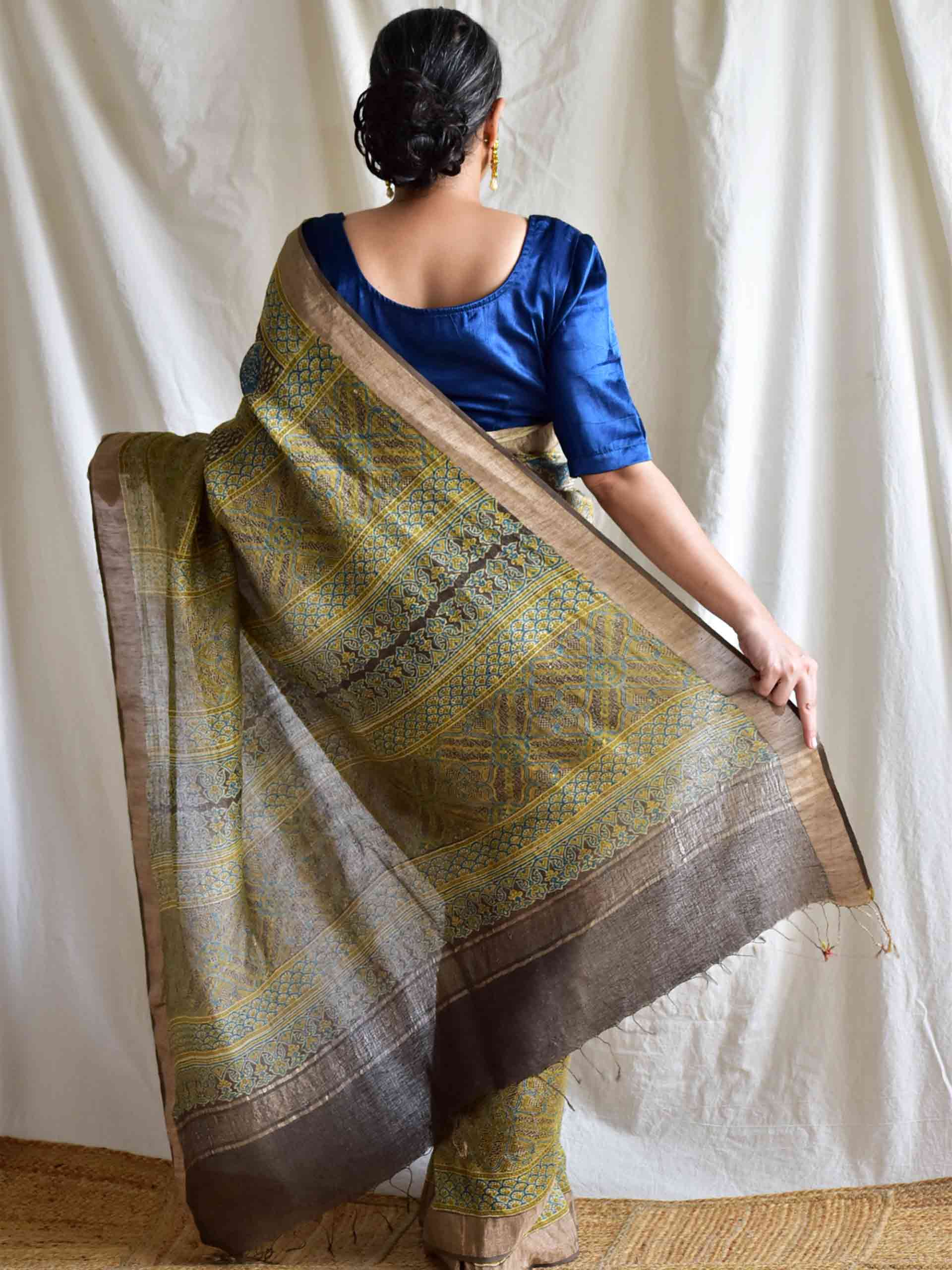 Mehreen - Ajrakh handloom Linen silk saree