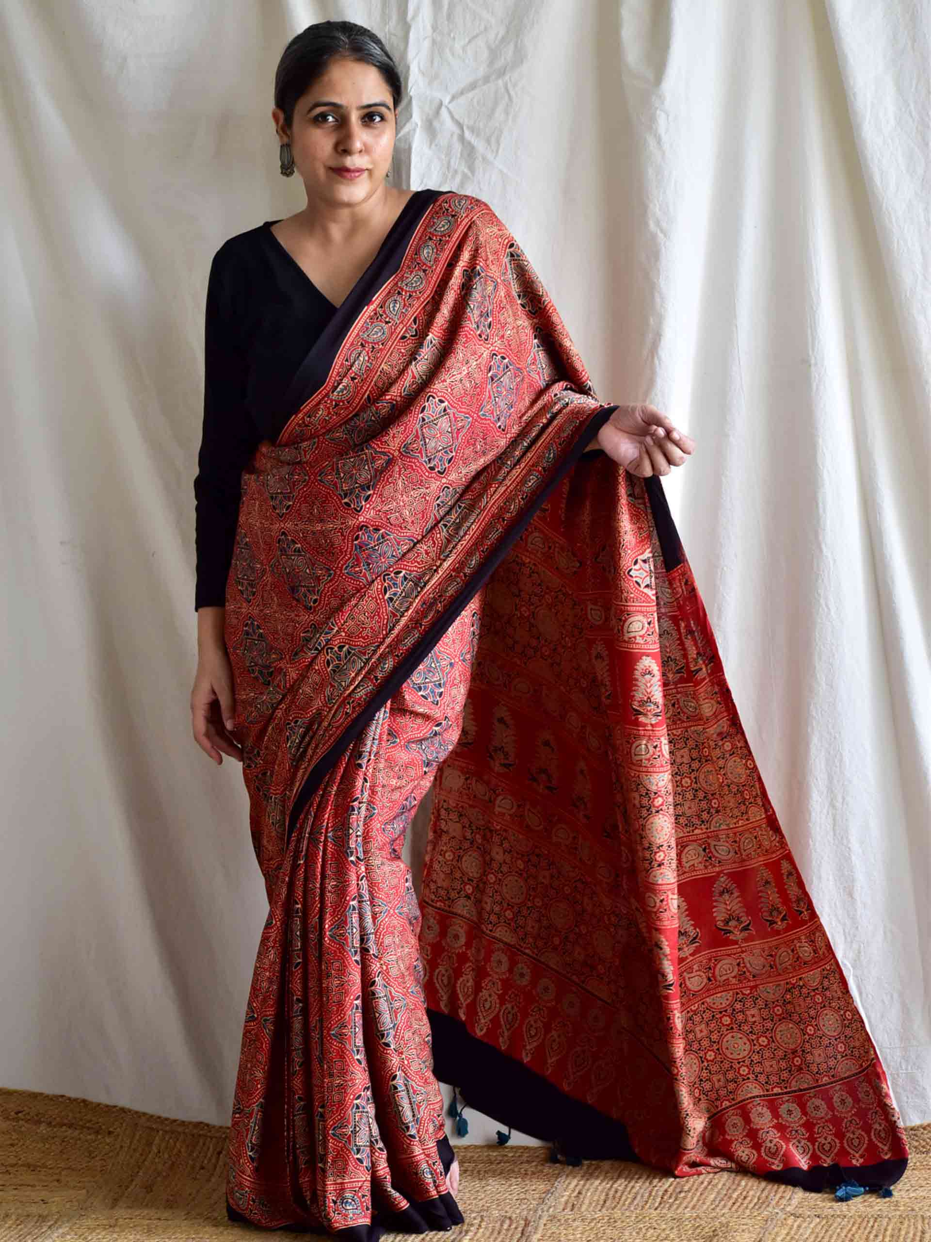 Maroon Ajrakh hand block printed Modal silk saree