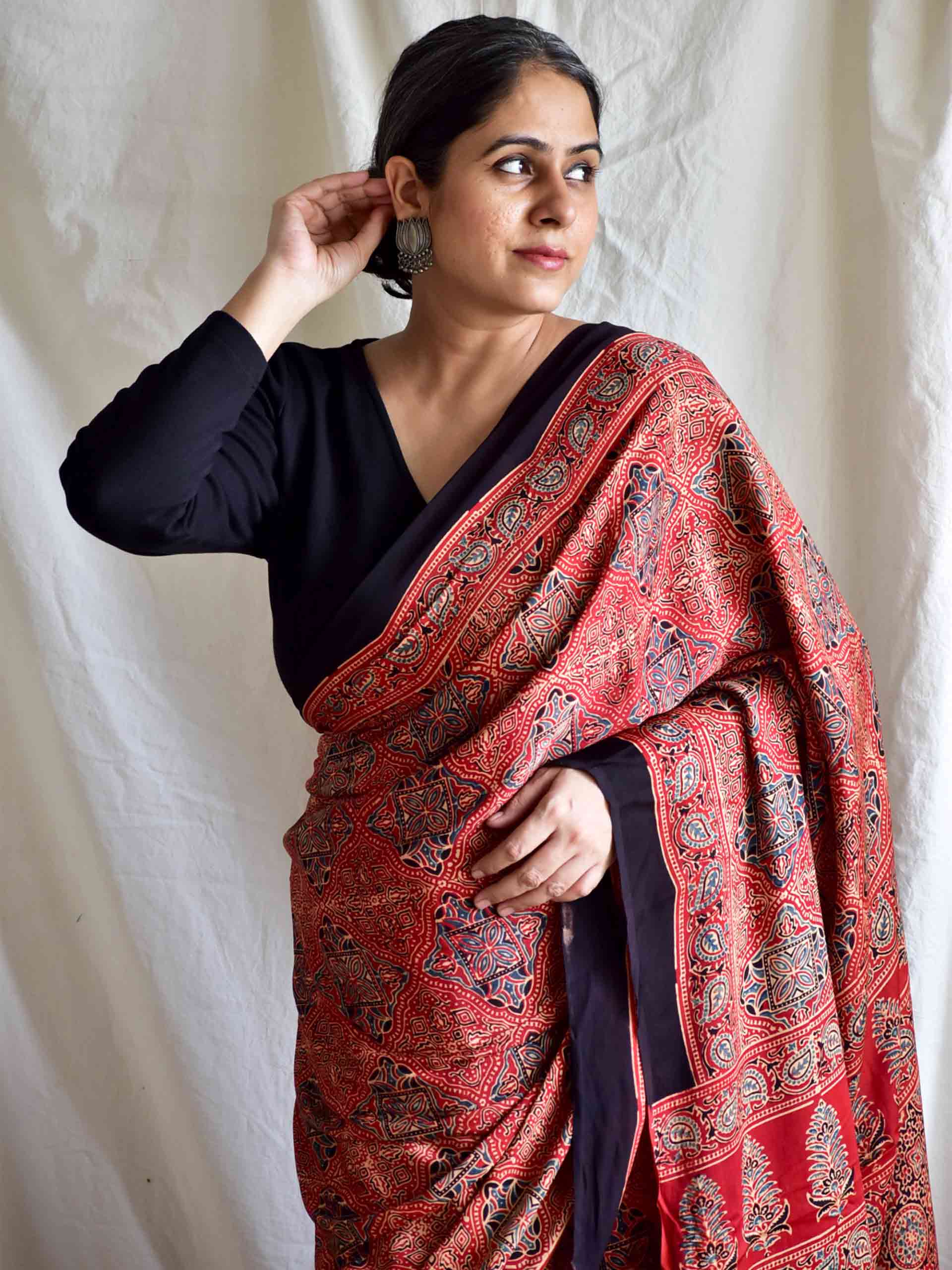Maroon Ajrakh hand block printed Modal silk saree