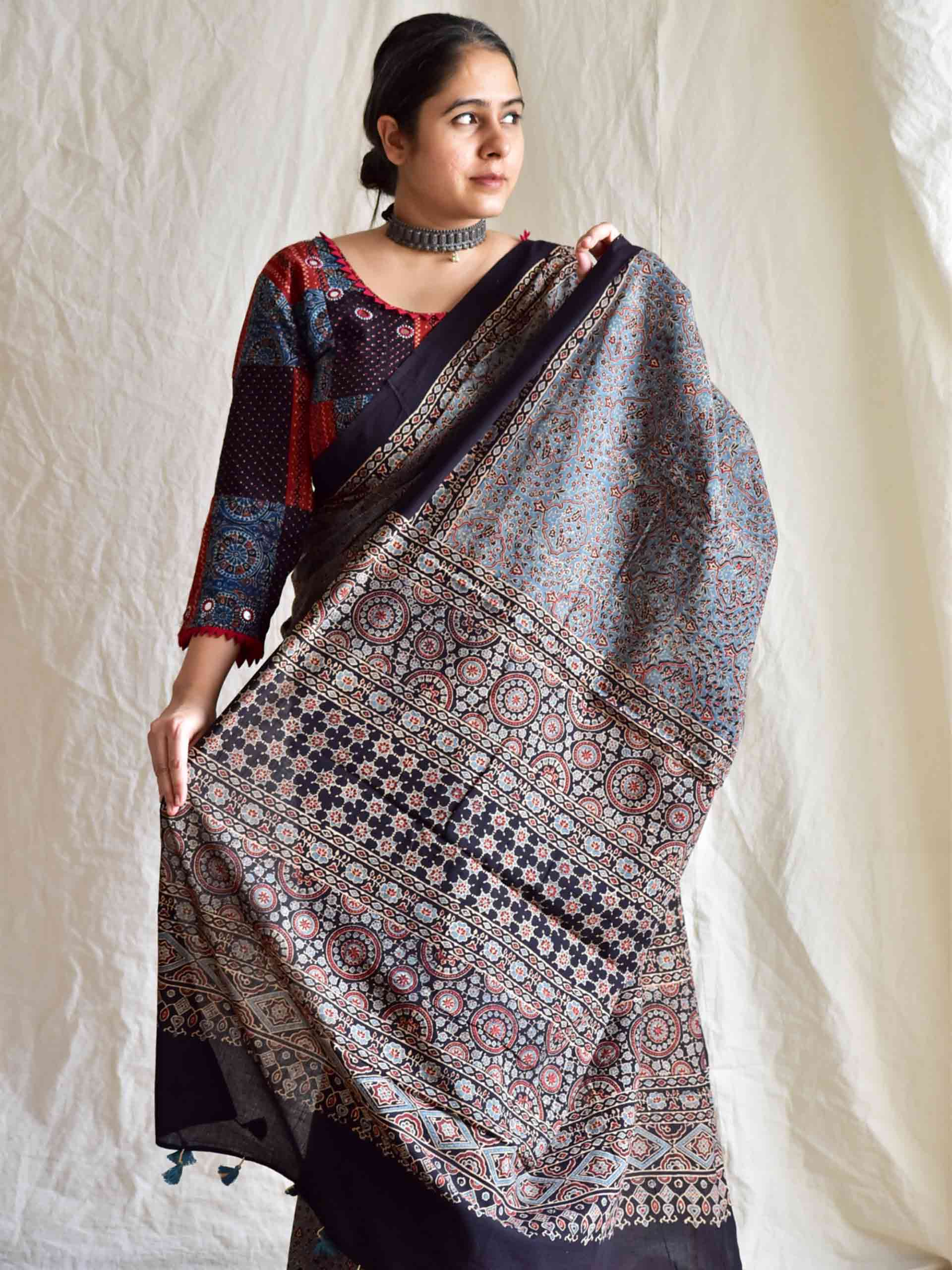 Kamdenu - Ajrakh cotton silk saree
