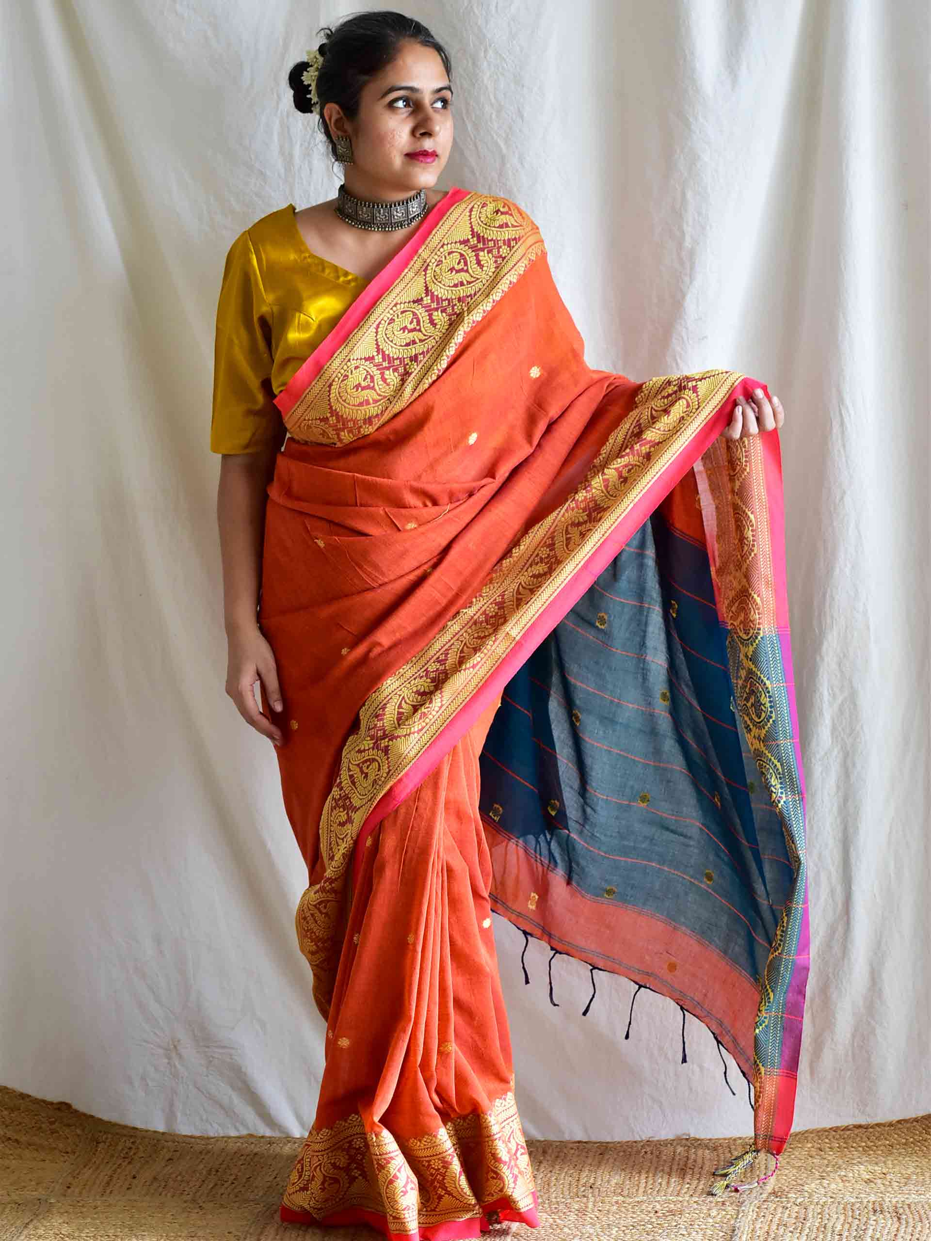 Peppy orange - woven cotton saree