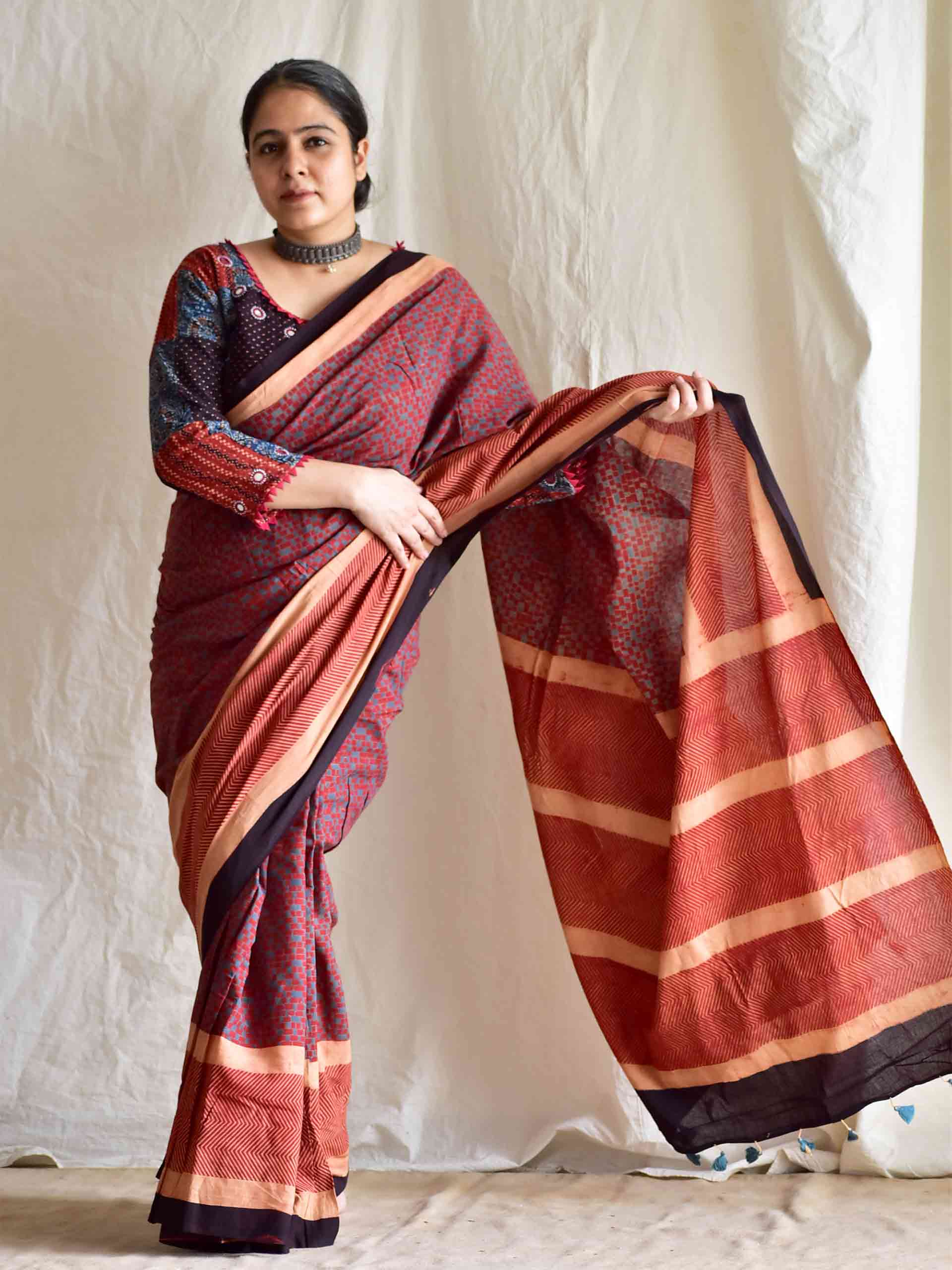 Madder red - Ajrakh mul cotton saree