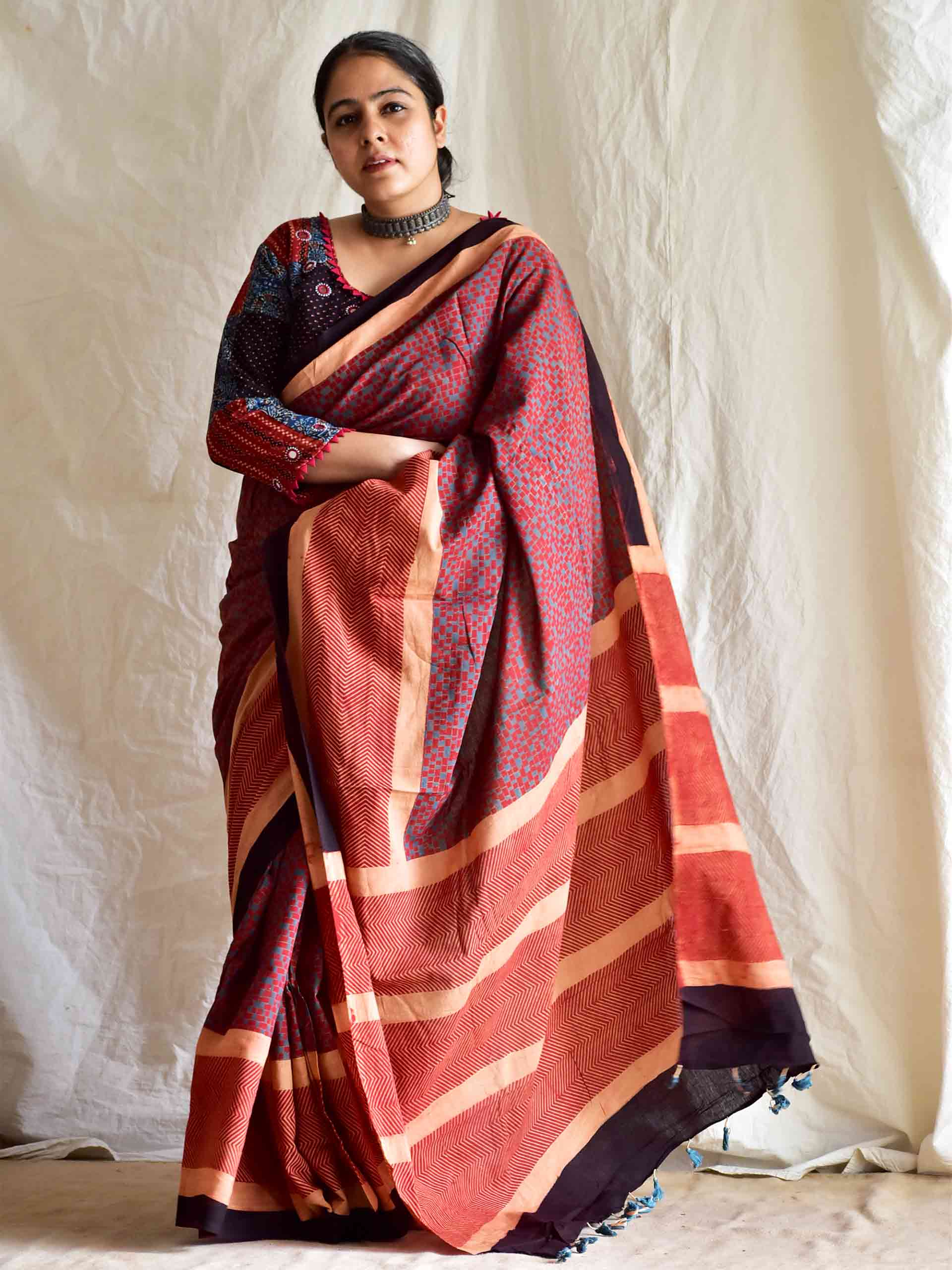 Madder red - Ajrakh mul cotton saree