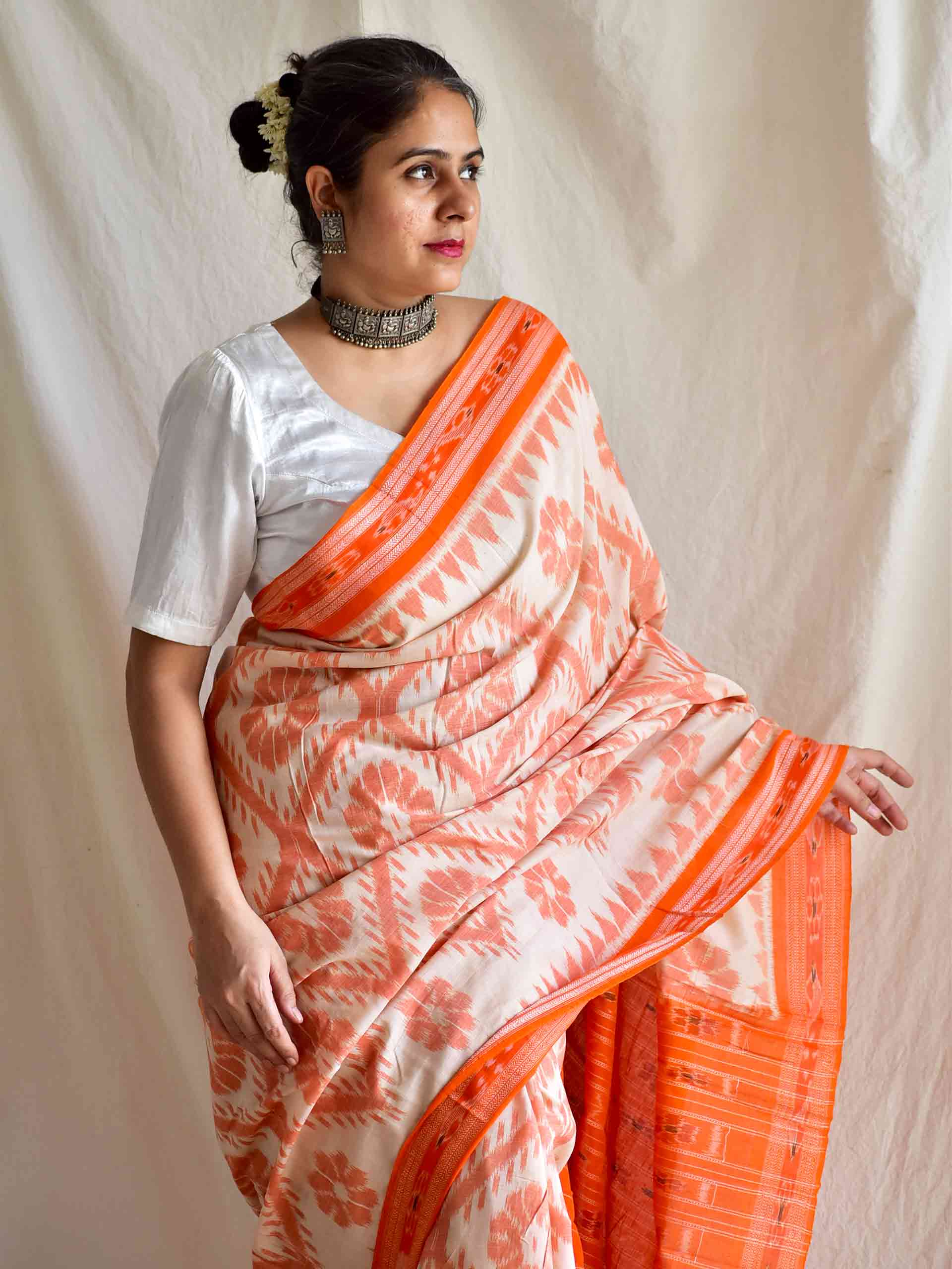 Tangerine - Handwoven ikat saree