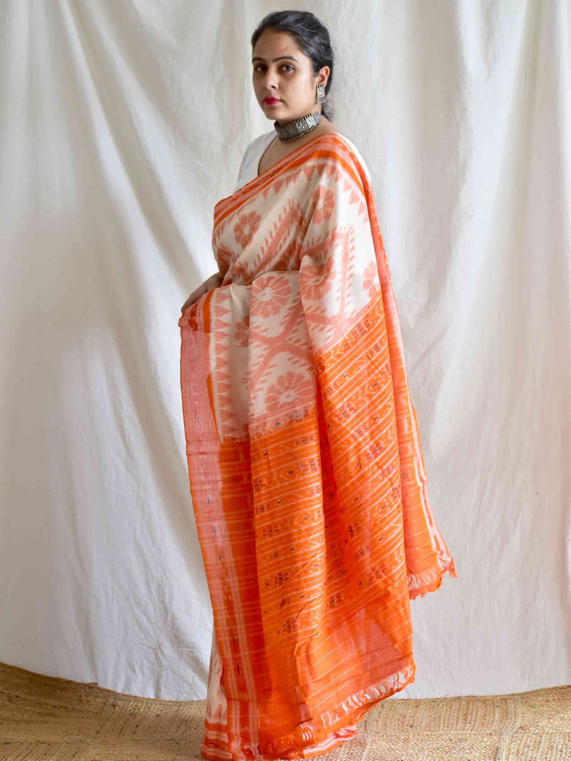 Tangerine - Handwoven ikat saree