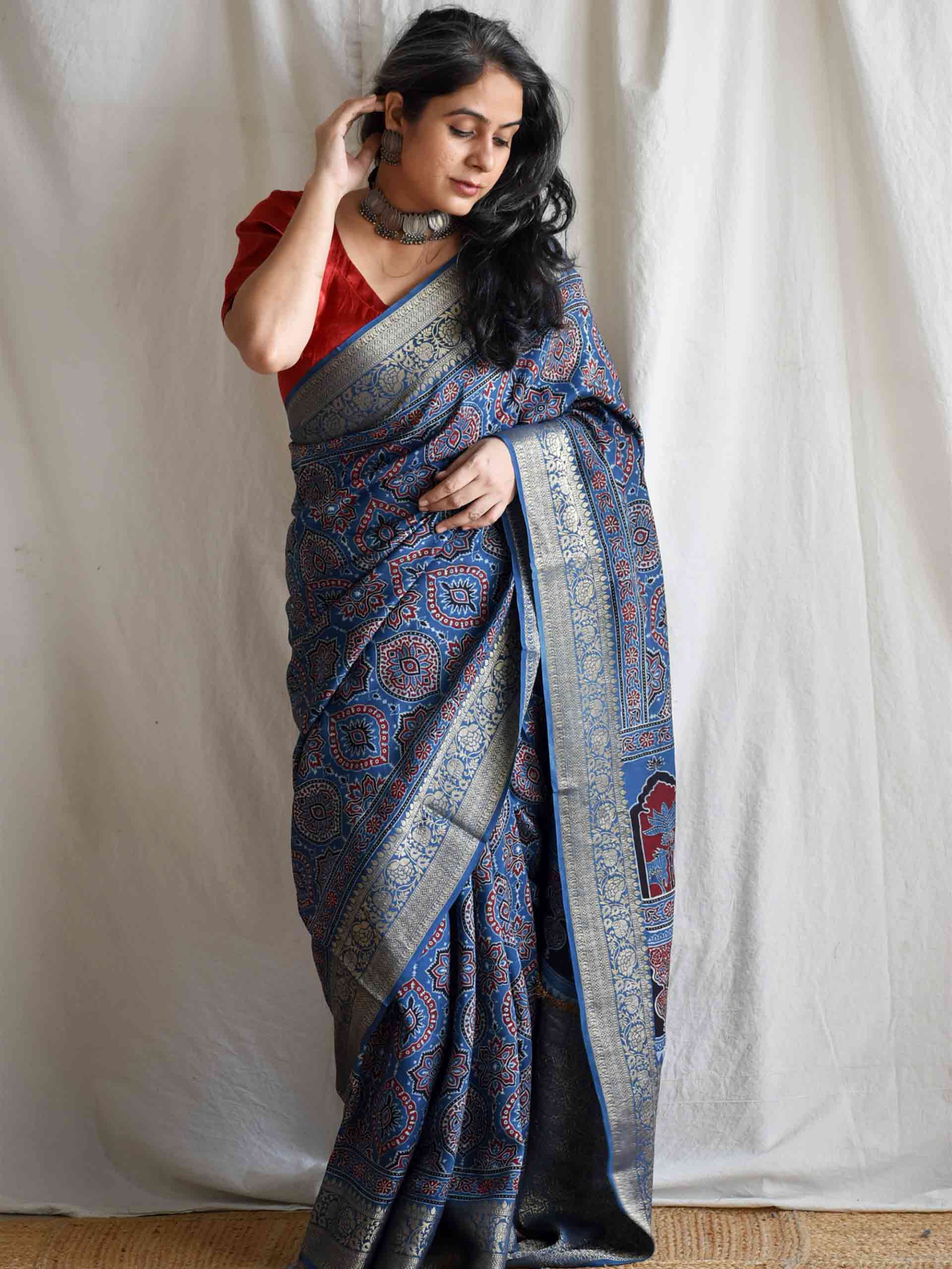 galiyaara - Ajrakh Dola silk zari pallu saree