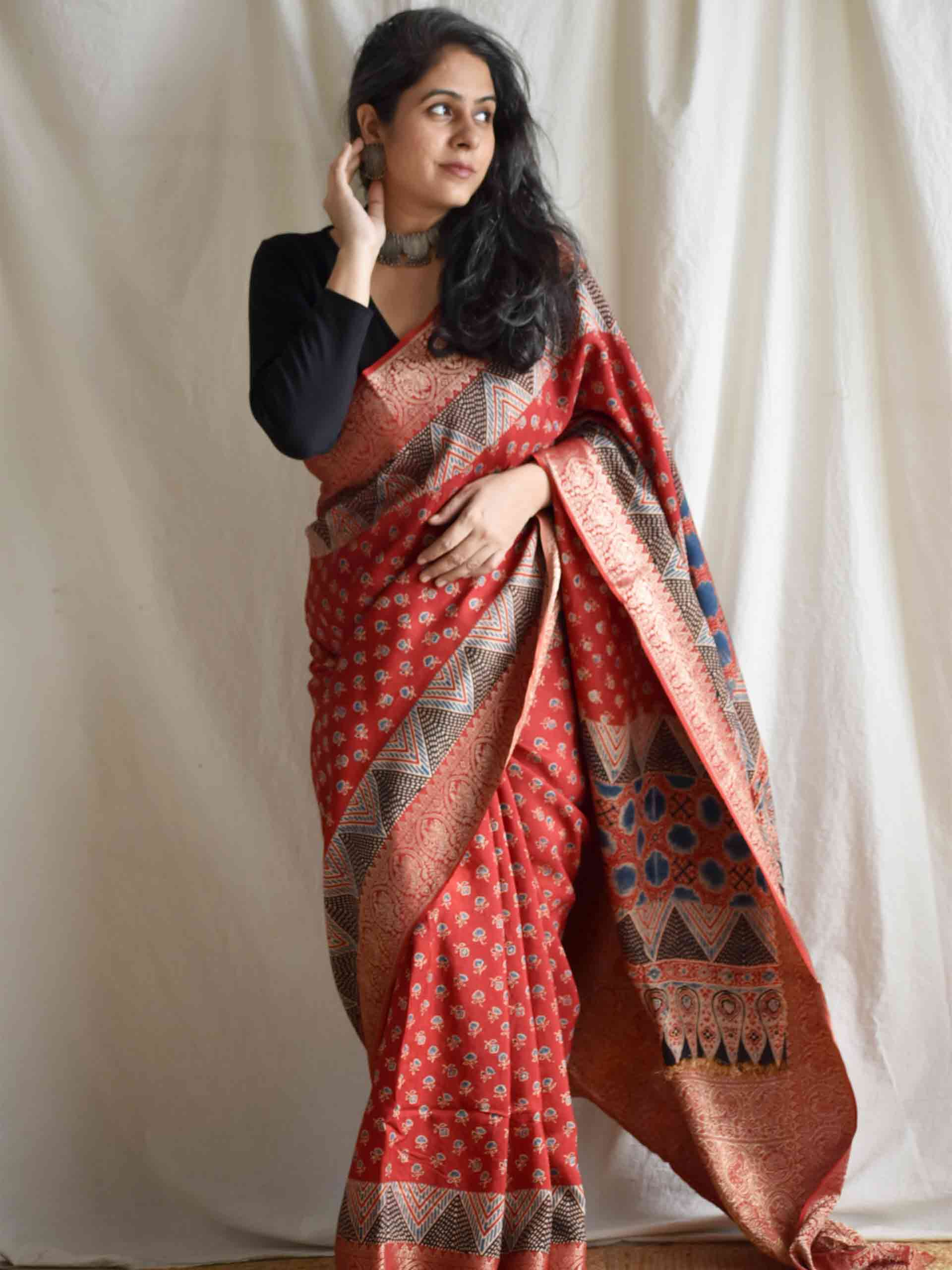 meethi -Ajrakh  Dola silk zari pallu saree