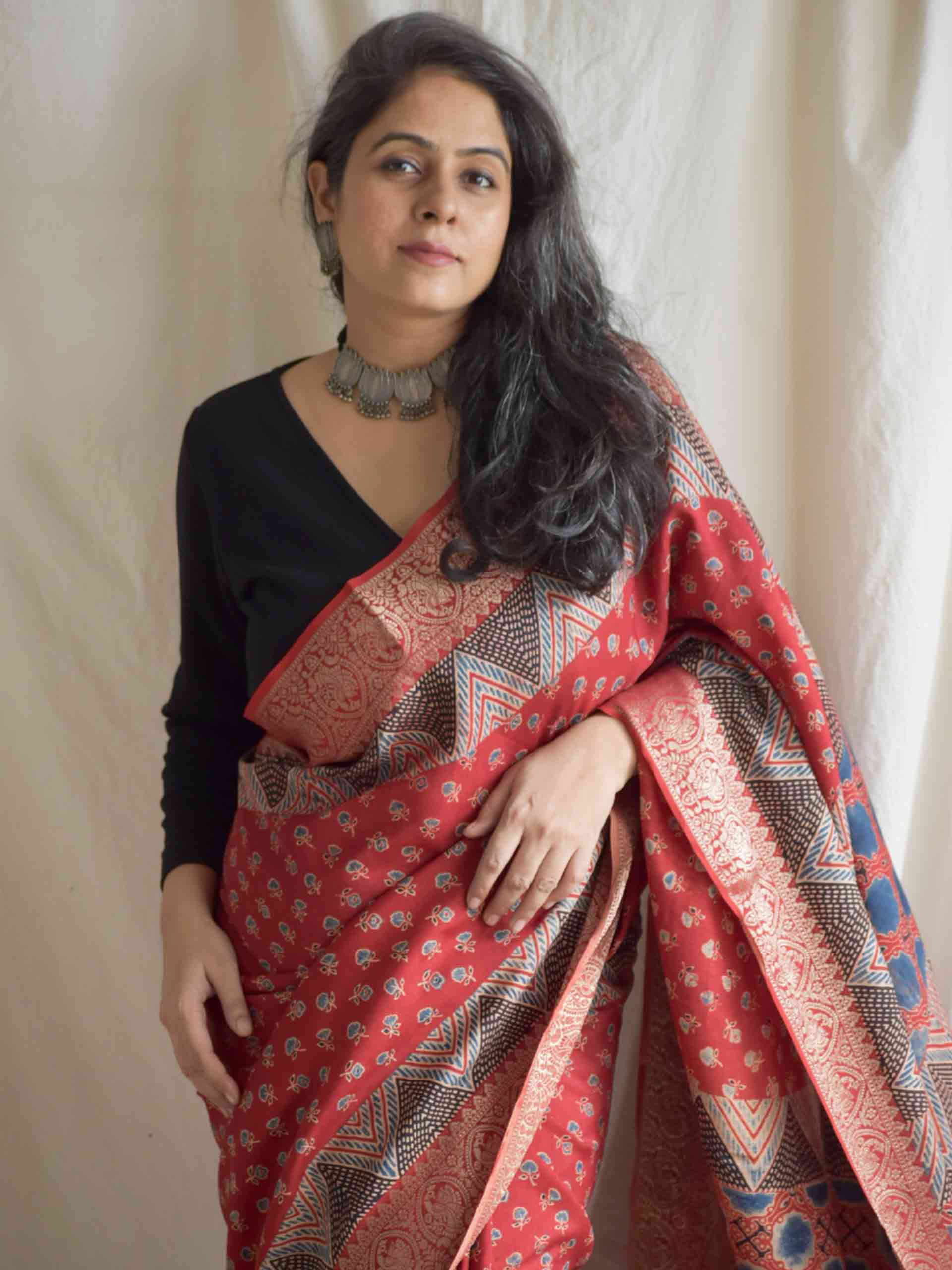 meethi -Ajrakh  Dola silk zari pallu saree