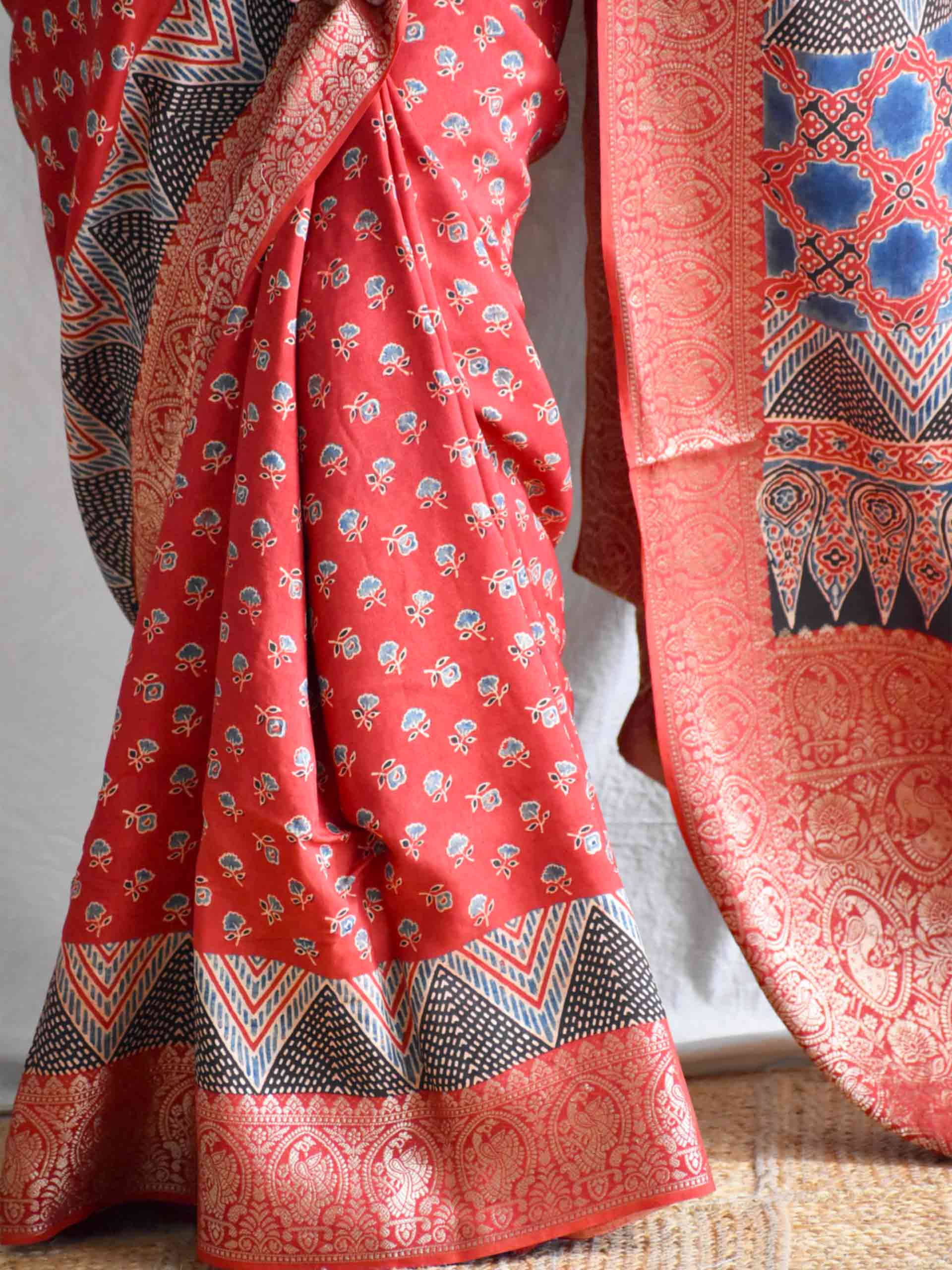 meethi -Ajrakh  Dola silk zari pallu saree