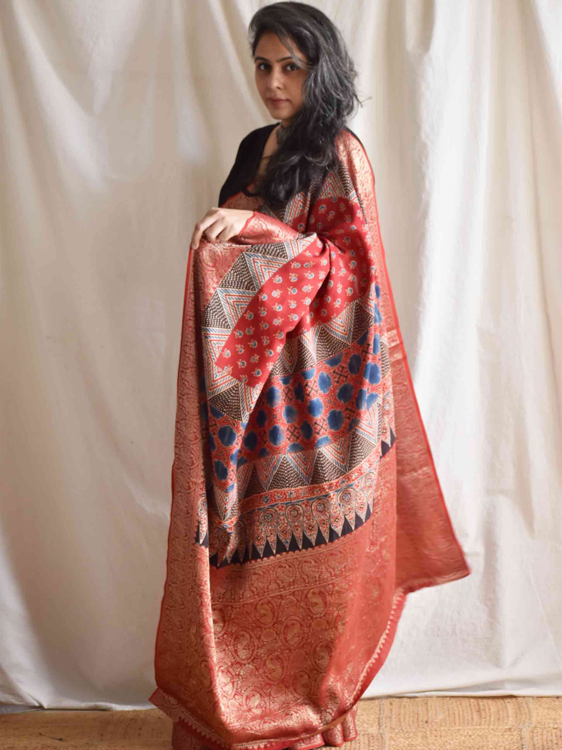 meethi -Ajrakh  Dola silk zari pallu saree