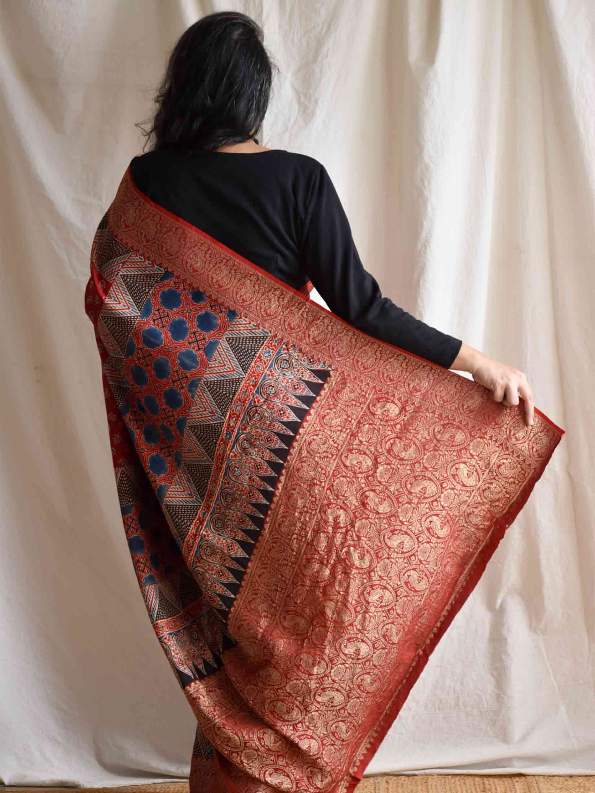 meethi -Ajrakh  Dola silk zari pallu saree