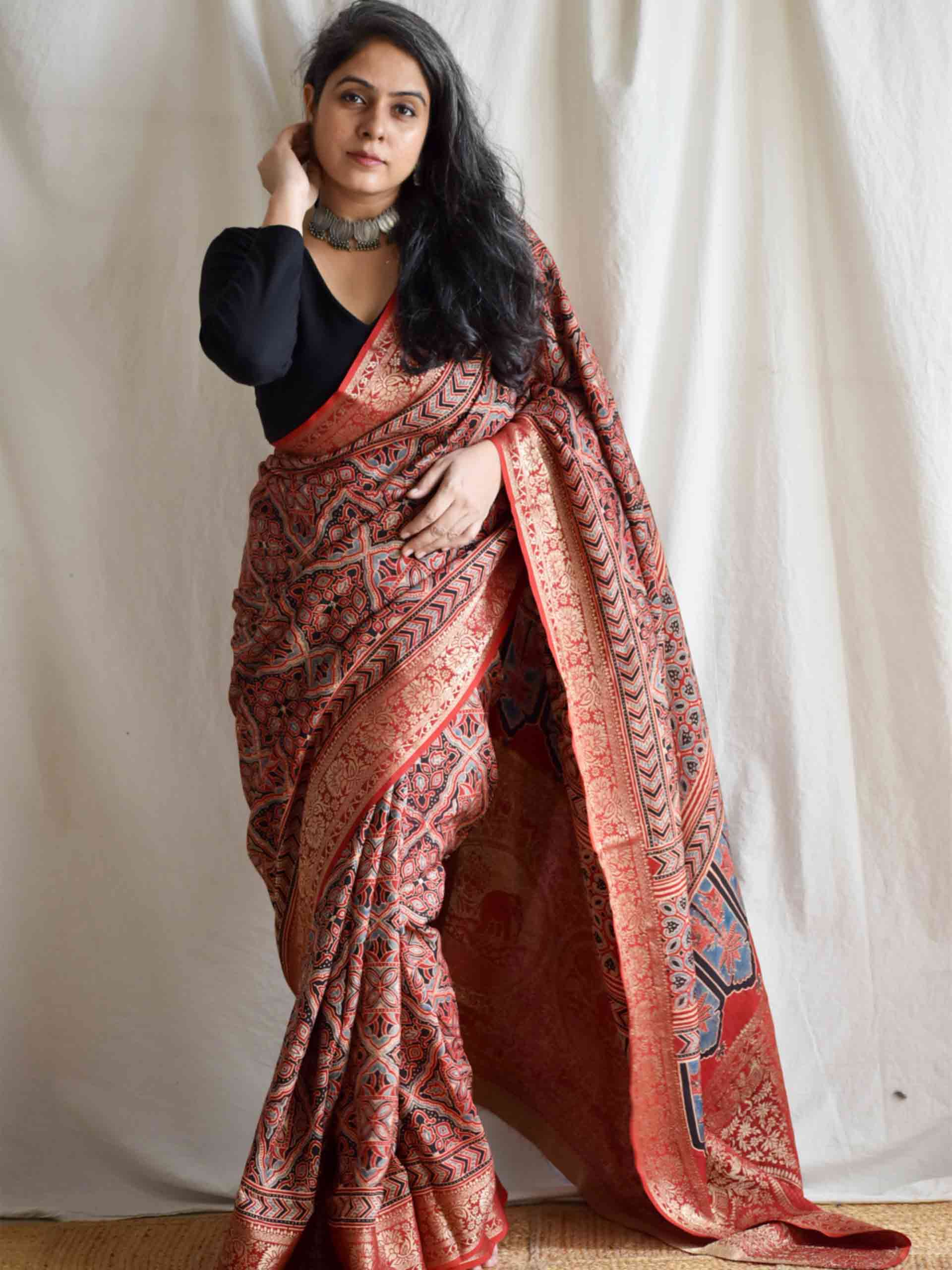 Gulaal -Ajrakh  Dola silk zari pallu saree