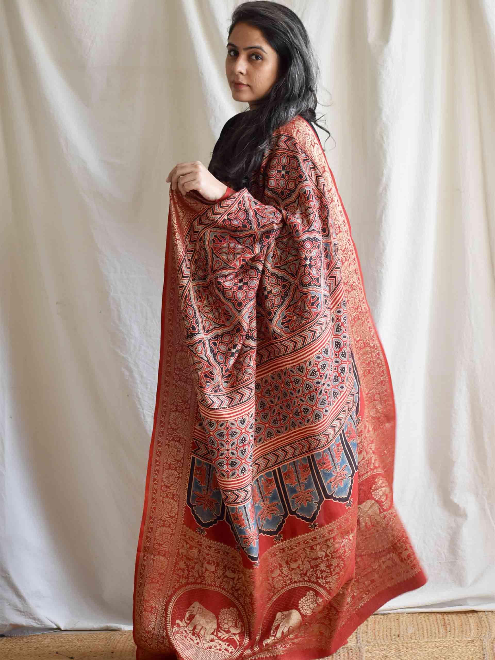 Gulaal -Ajrakh  Dola silk zari pallu saree