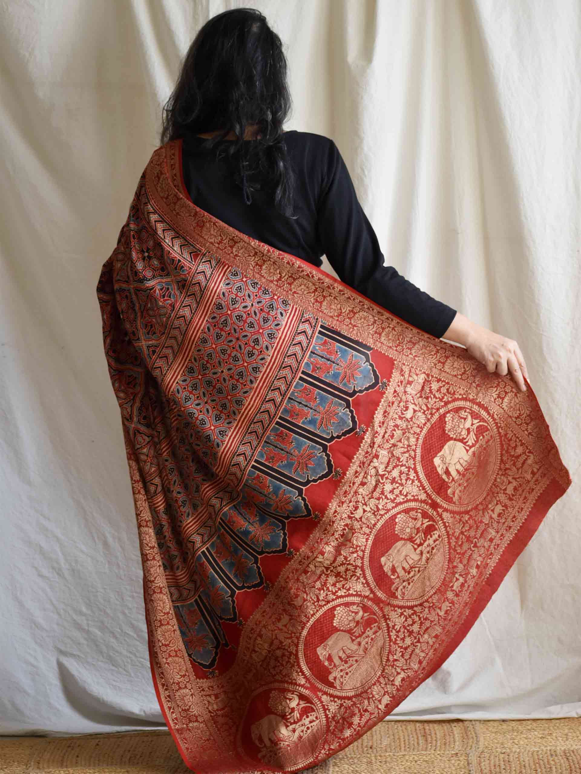 Gulaal -Ajrakh  Dola silk zari pallu saree