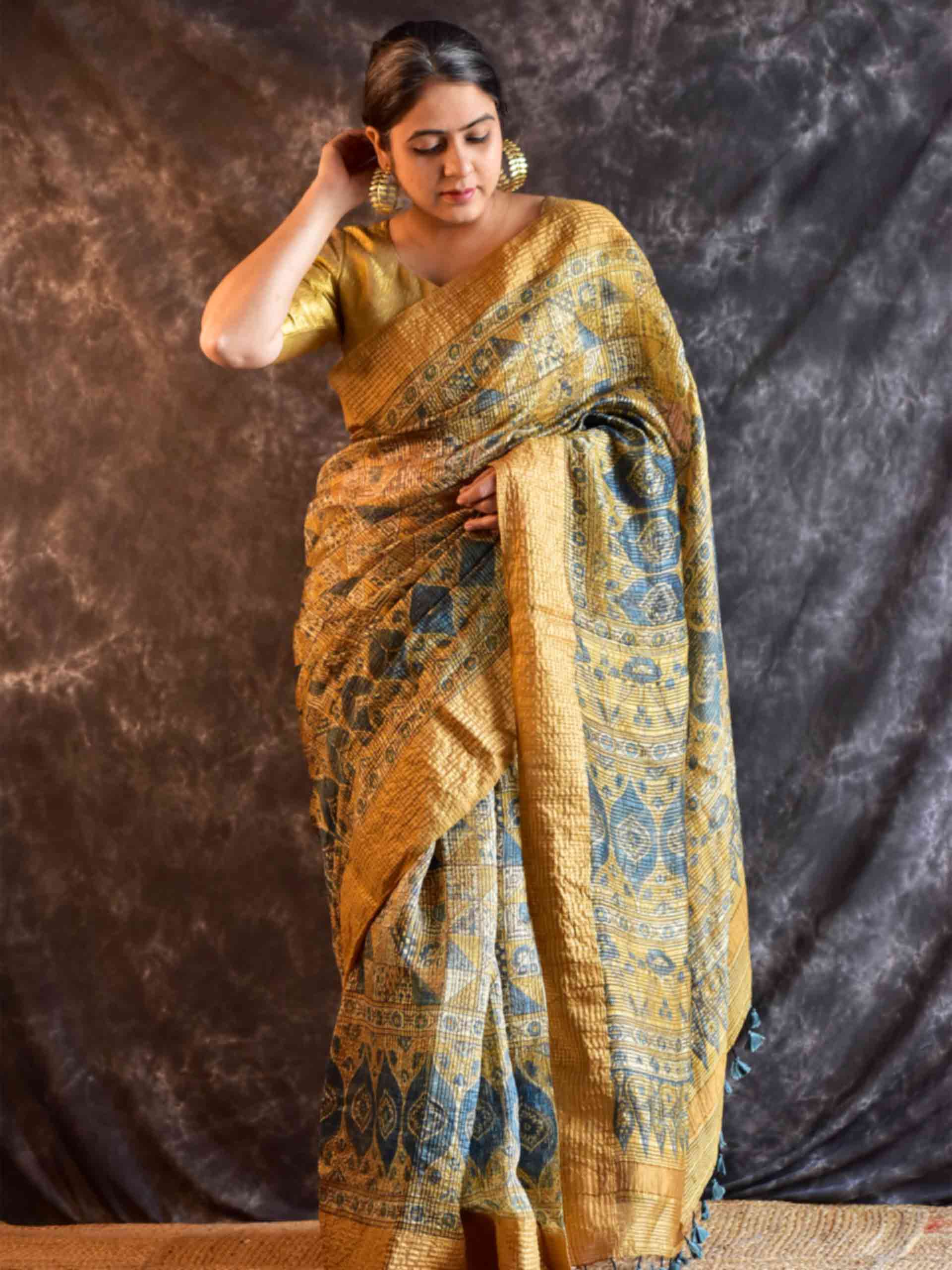 Medha - Ajrakh Handloom Dupion saree with zari border