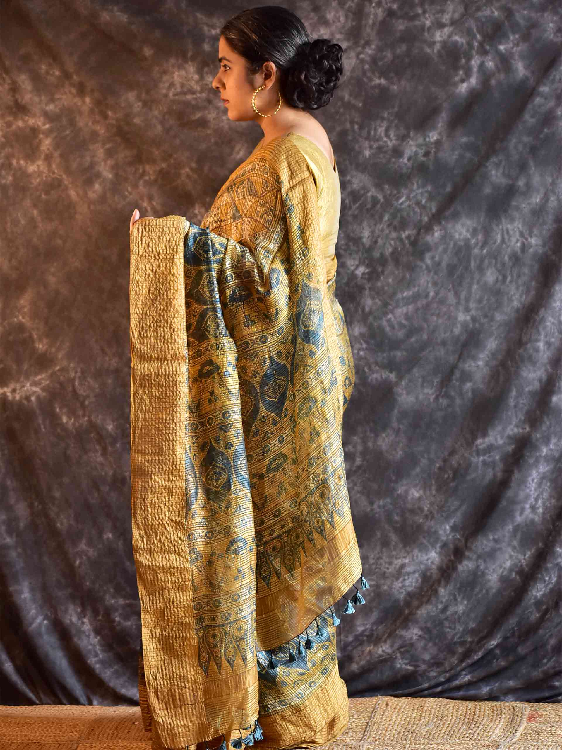Medha - Ajrakh Handloom Dupion saree with zari border