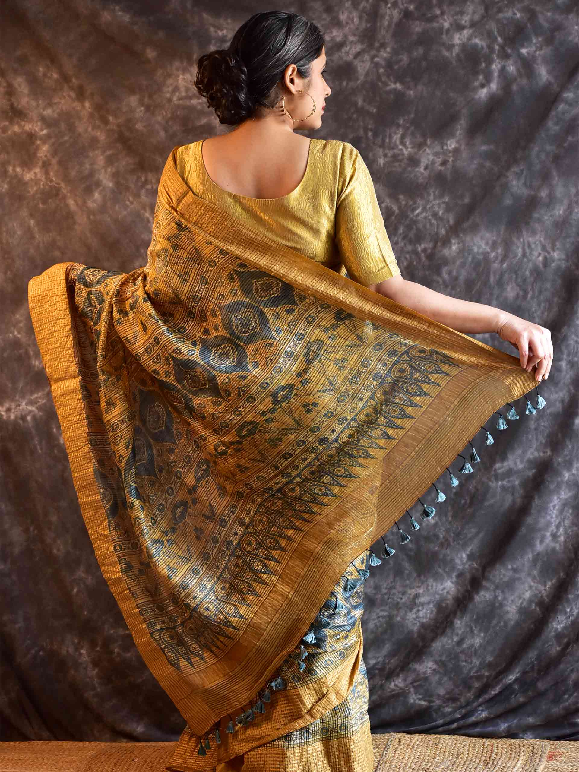 Medha - Ajrakh Handloom Dupion saree with zari border