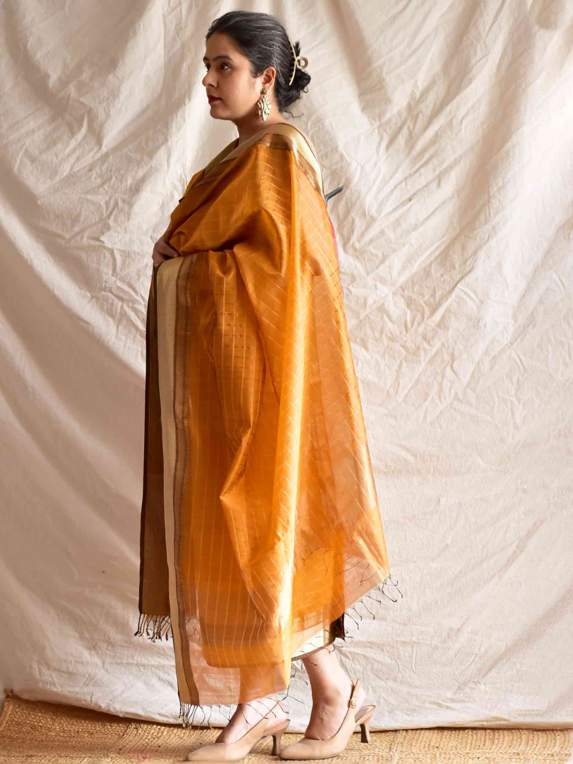 Burnt orange - Handloom Maheshwari silk 2 pc suit set