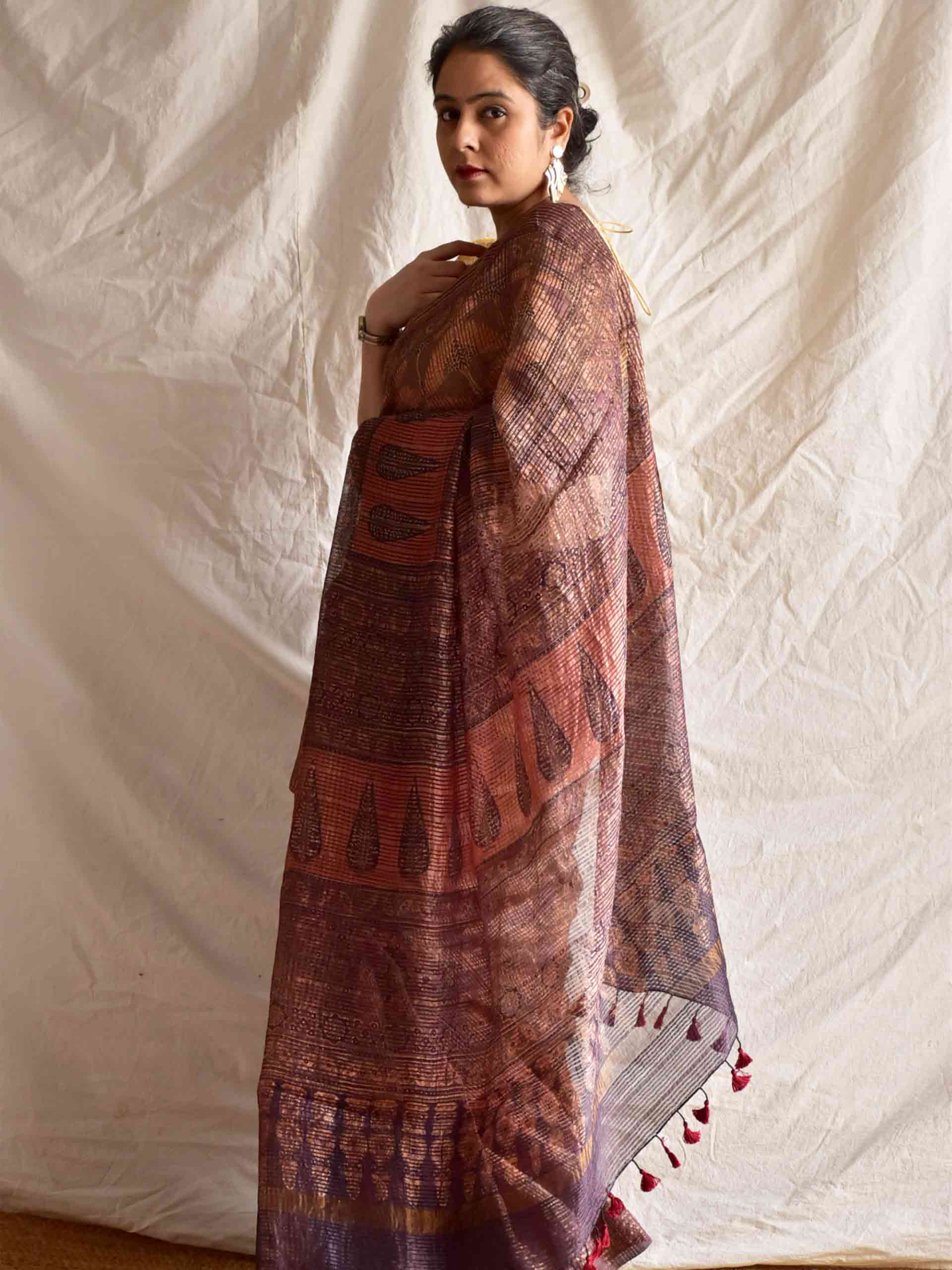 Gehra - Ajrakh Handloom Dupion saree with zari border