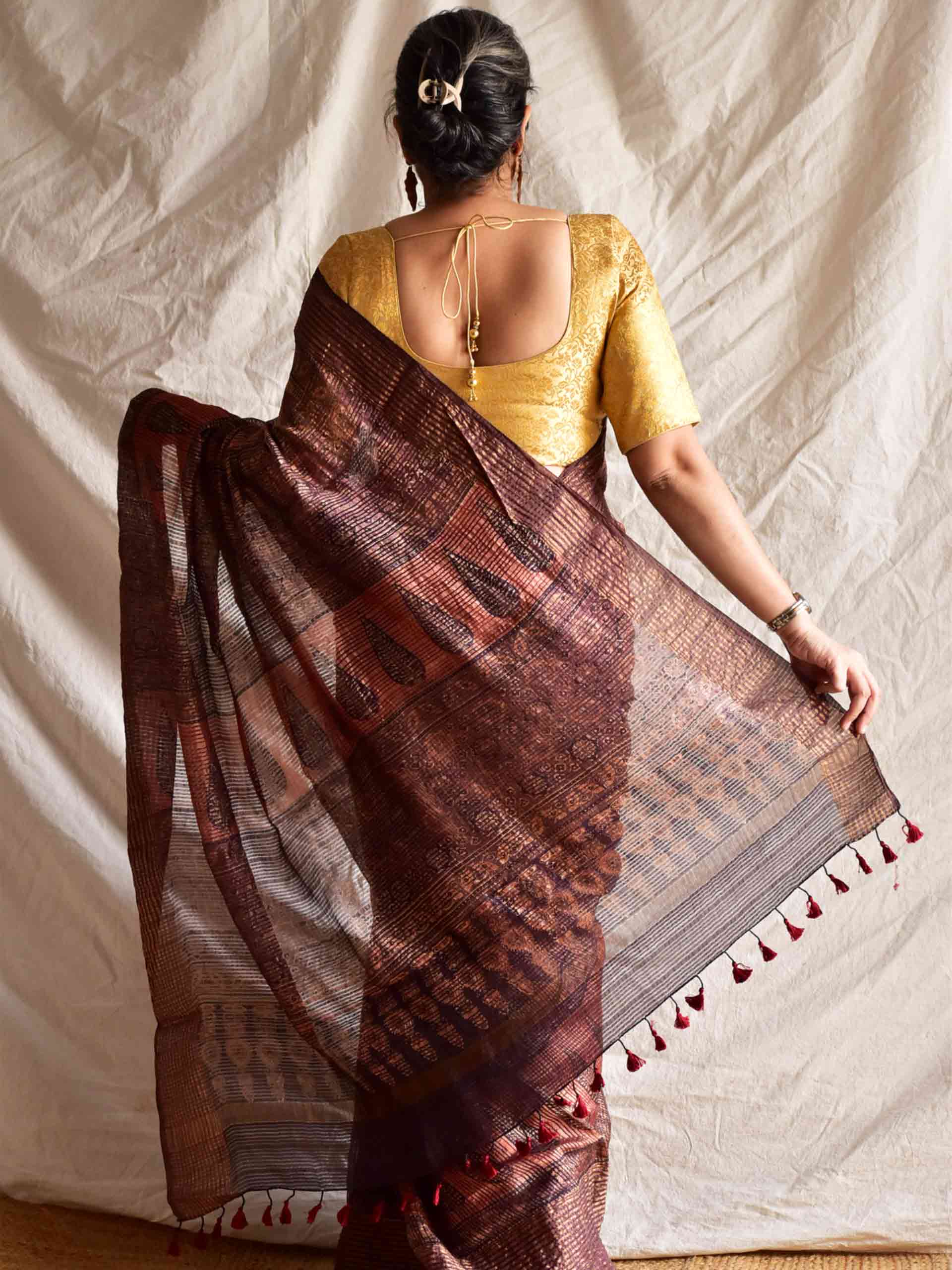 Gehra - Ajrakh Handloom Dupion saree with zari border