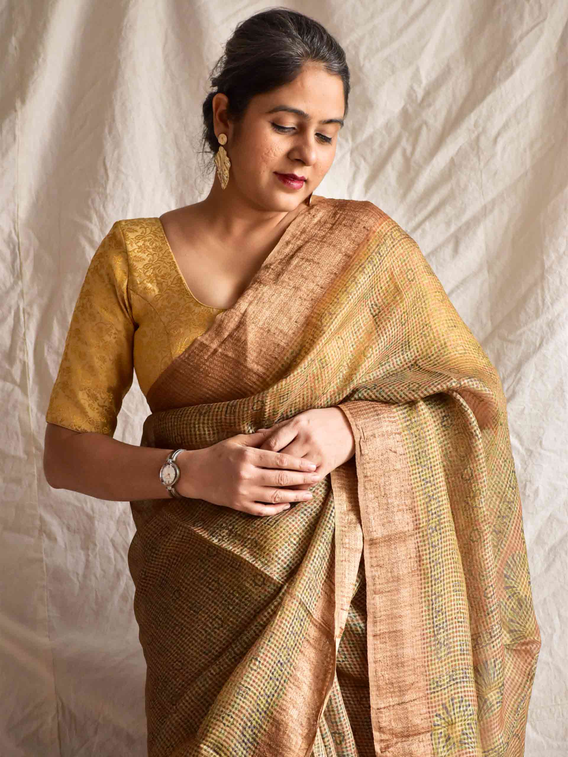 Sona - Ajrakh Handloom Dupion saree with zari border