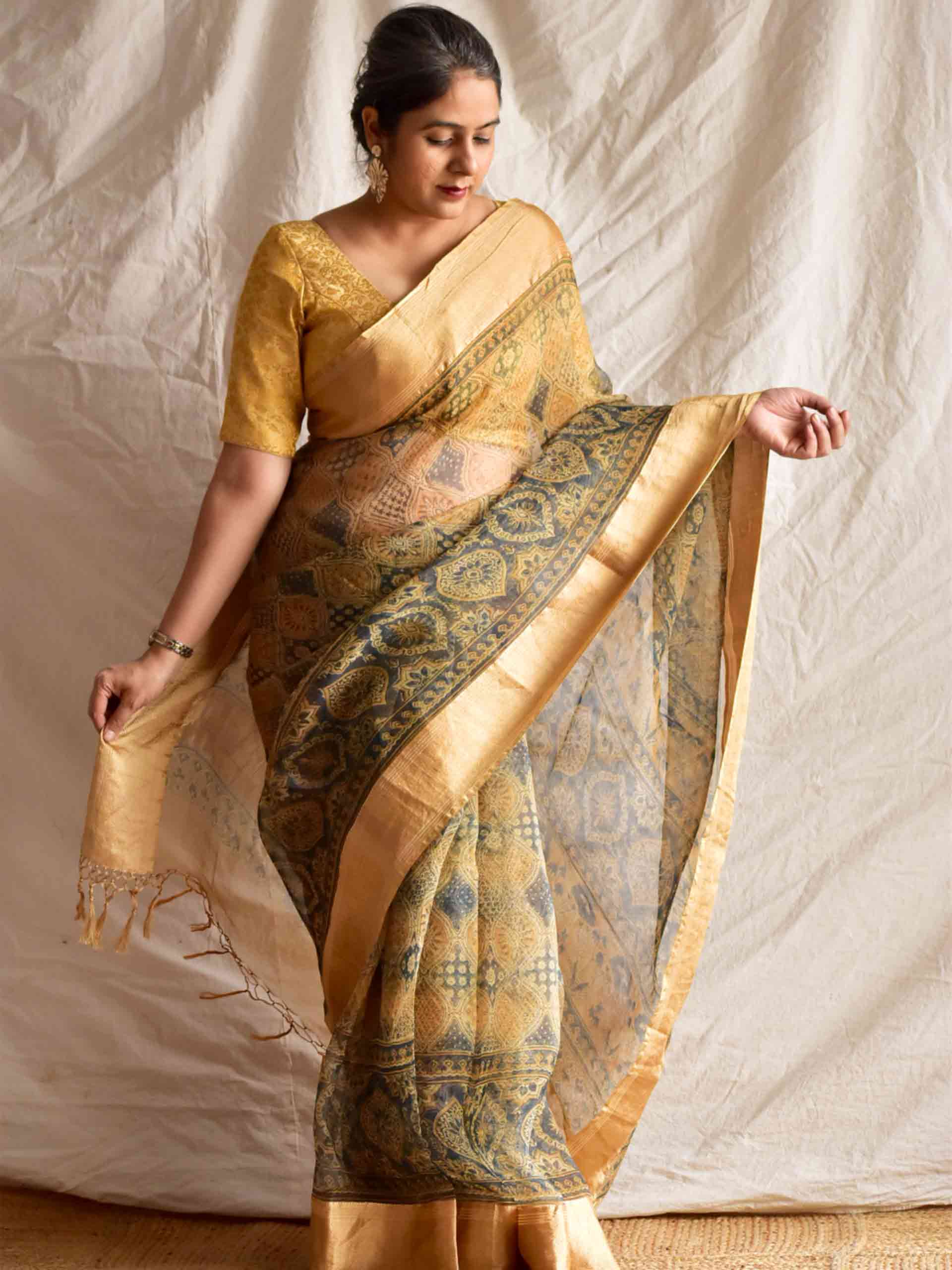 Sunehari - Ajrakh Handloom Organza saree with zari border