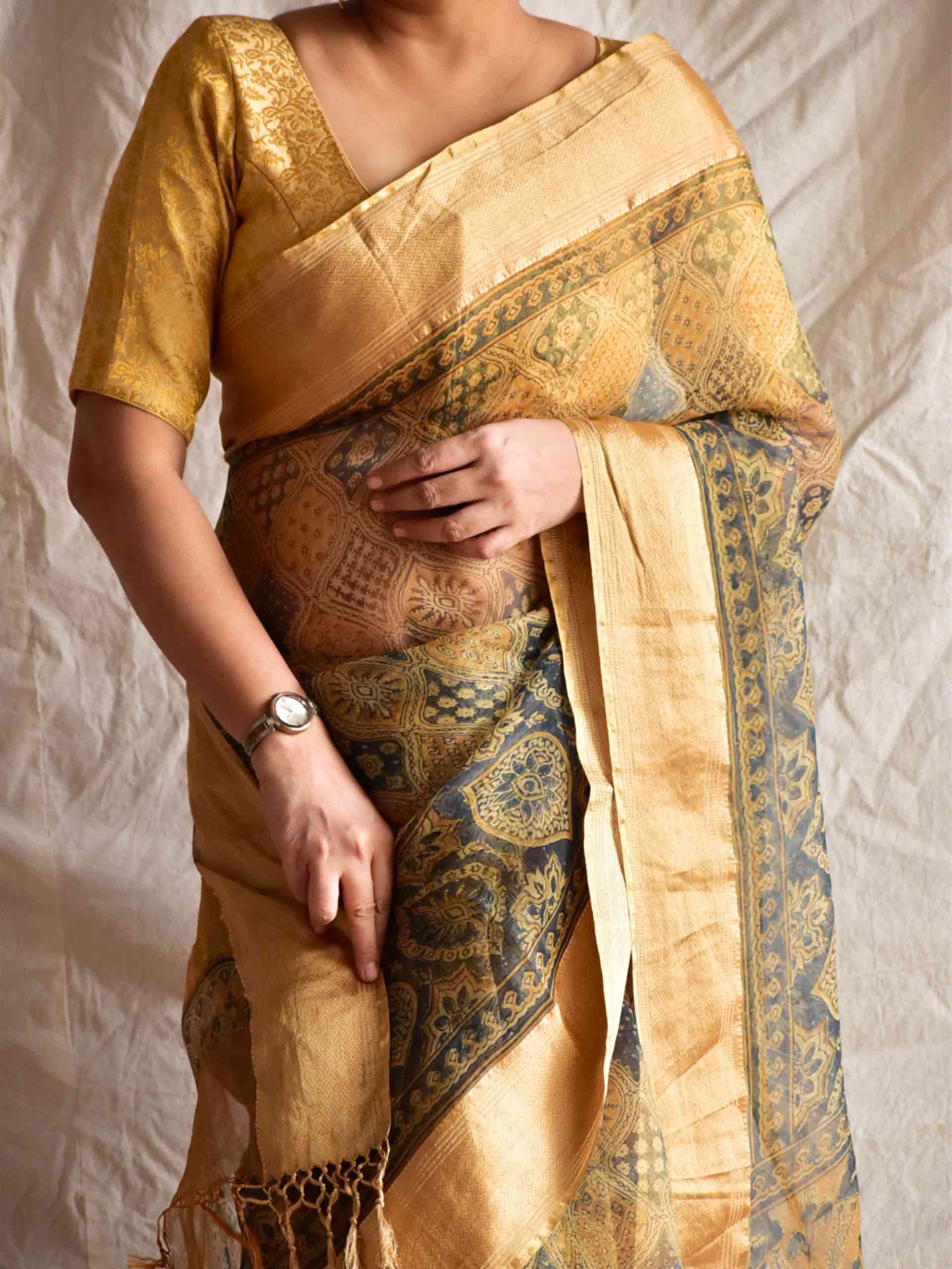 Sunehari - Ajrakh Handloom Organza saree with zari border